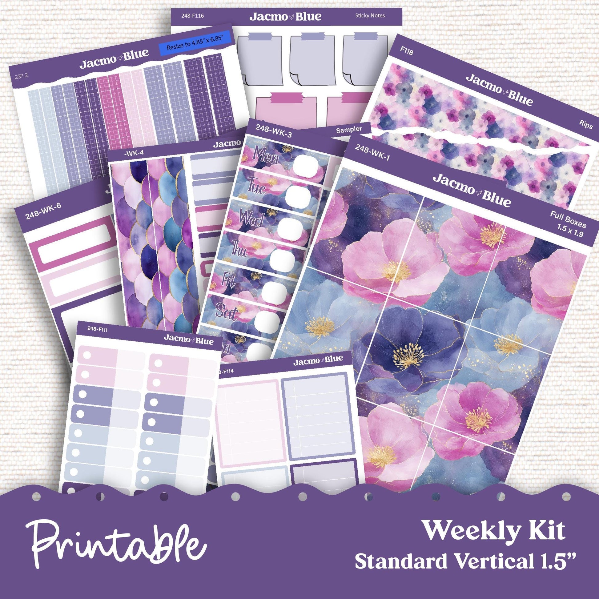 248P PRINTABLE Standard Weekly Sticker Kit Vertical Planner Stickers Erin Condren - Silhouette Cricut Watercolor Blue Purple + Bonus