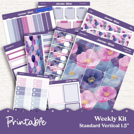 248P PRINTABLE Standard Weekly Sticker Kit Vertical Planner Stickers Erin Condren - Silhouette Cricut Watercolor Blue Purple + Bonus
