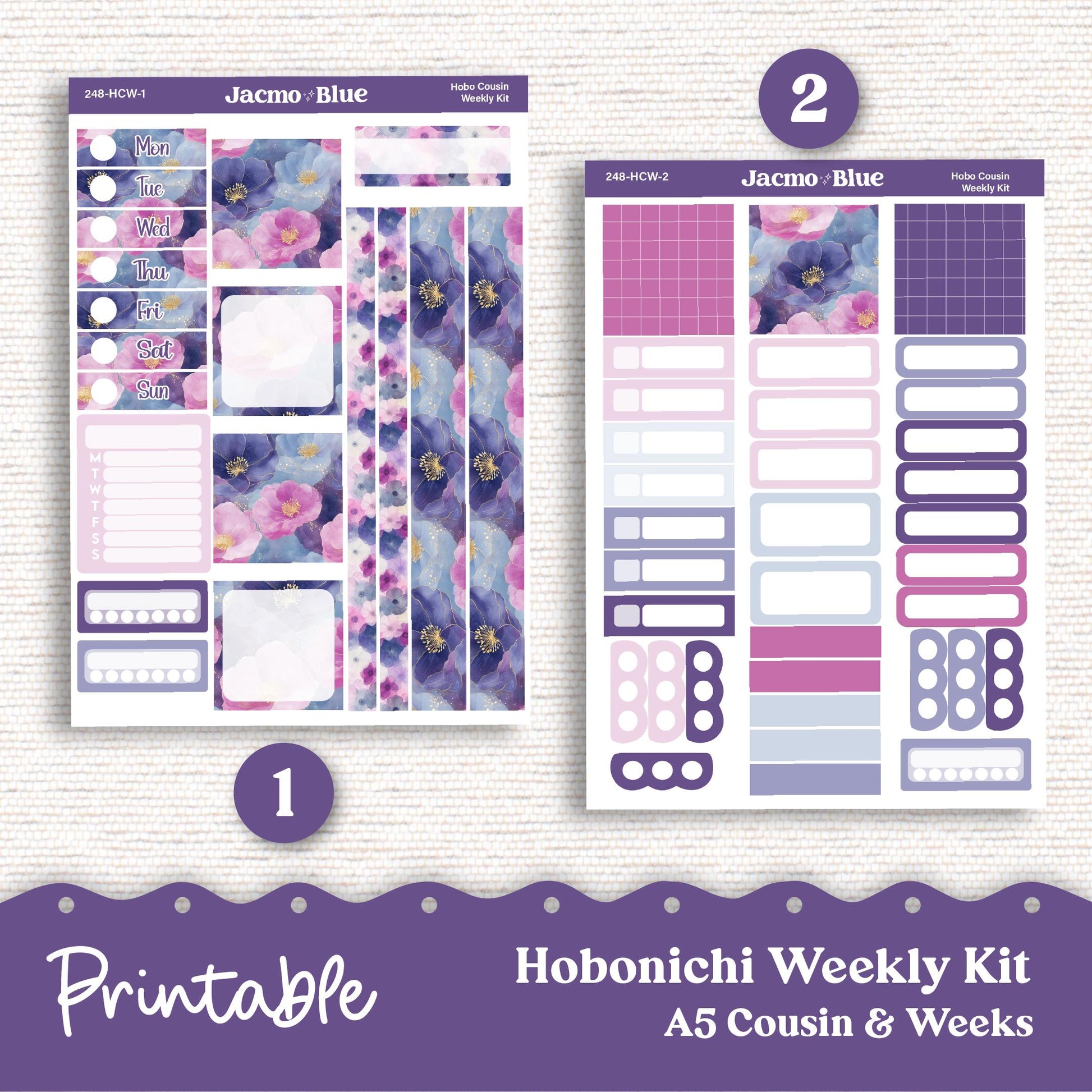 248P PRINTABLE Hobonichi Weekly Sticker Kit Cousin & Weeks Planner Stickers - Silhouette Cricut PNG Files Blue Purple Watercolor