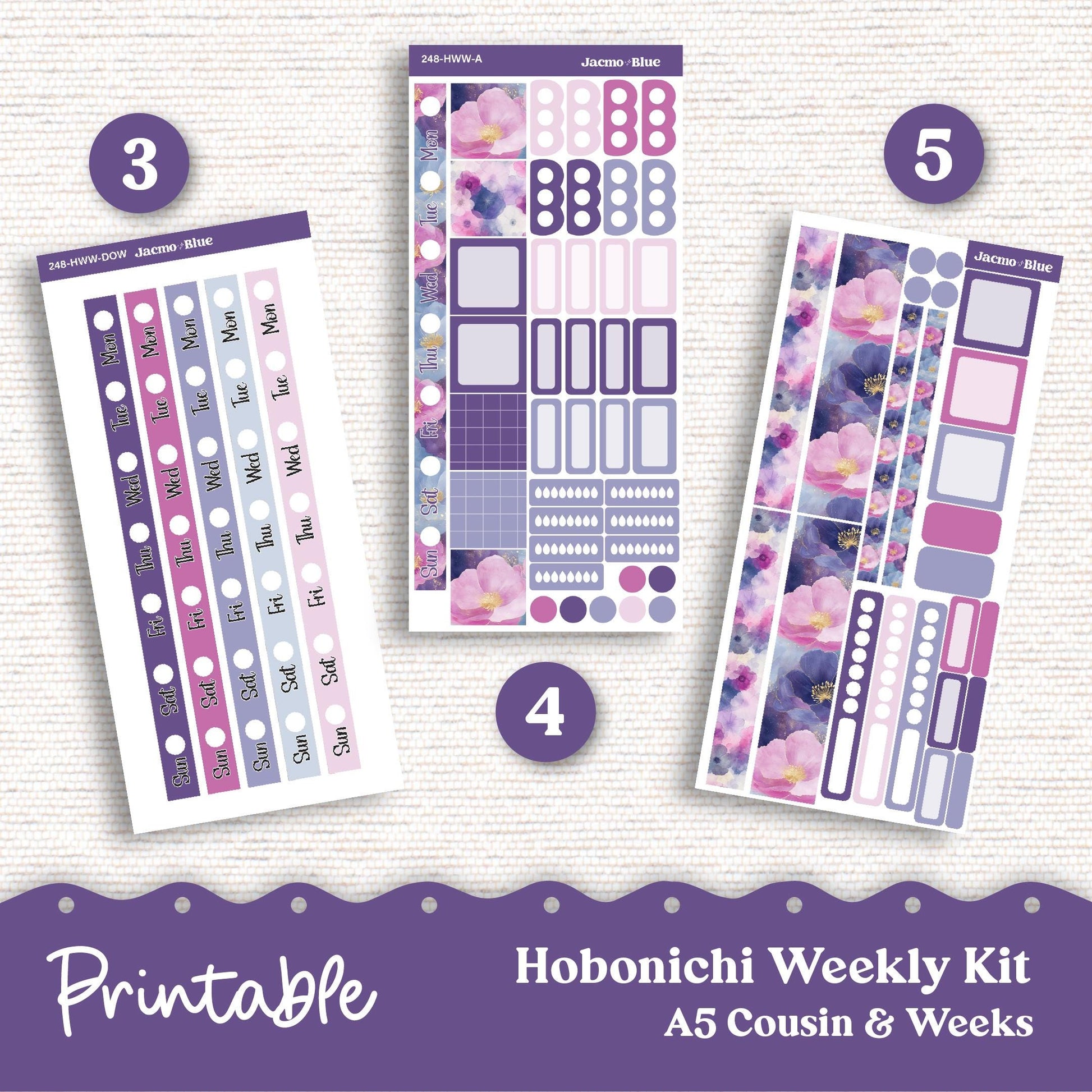 248P PRINTABLE Hobonichi Weekly Sticker Kit Cousin & Weeks Planner Stickers - Silhouette Cricut PNG Files Blue Purple Watercolor