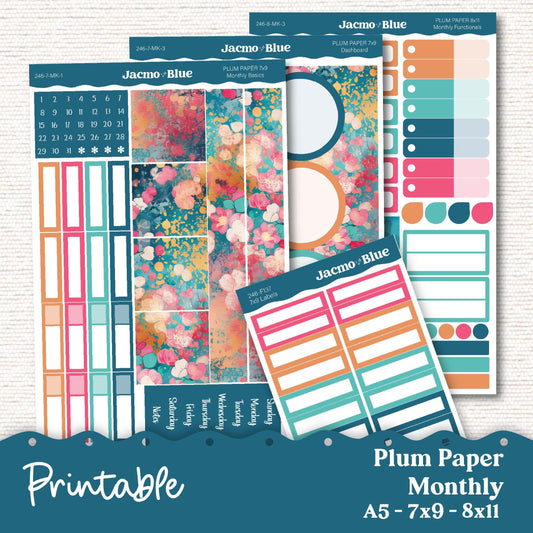 Plum Paper Planner PRINTABLE Monthly Stickers 8x11 7x9 A5 Print and Cut - 246P Blue Purple Flowers Watercolor plus Bonus Gift