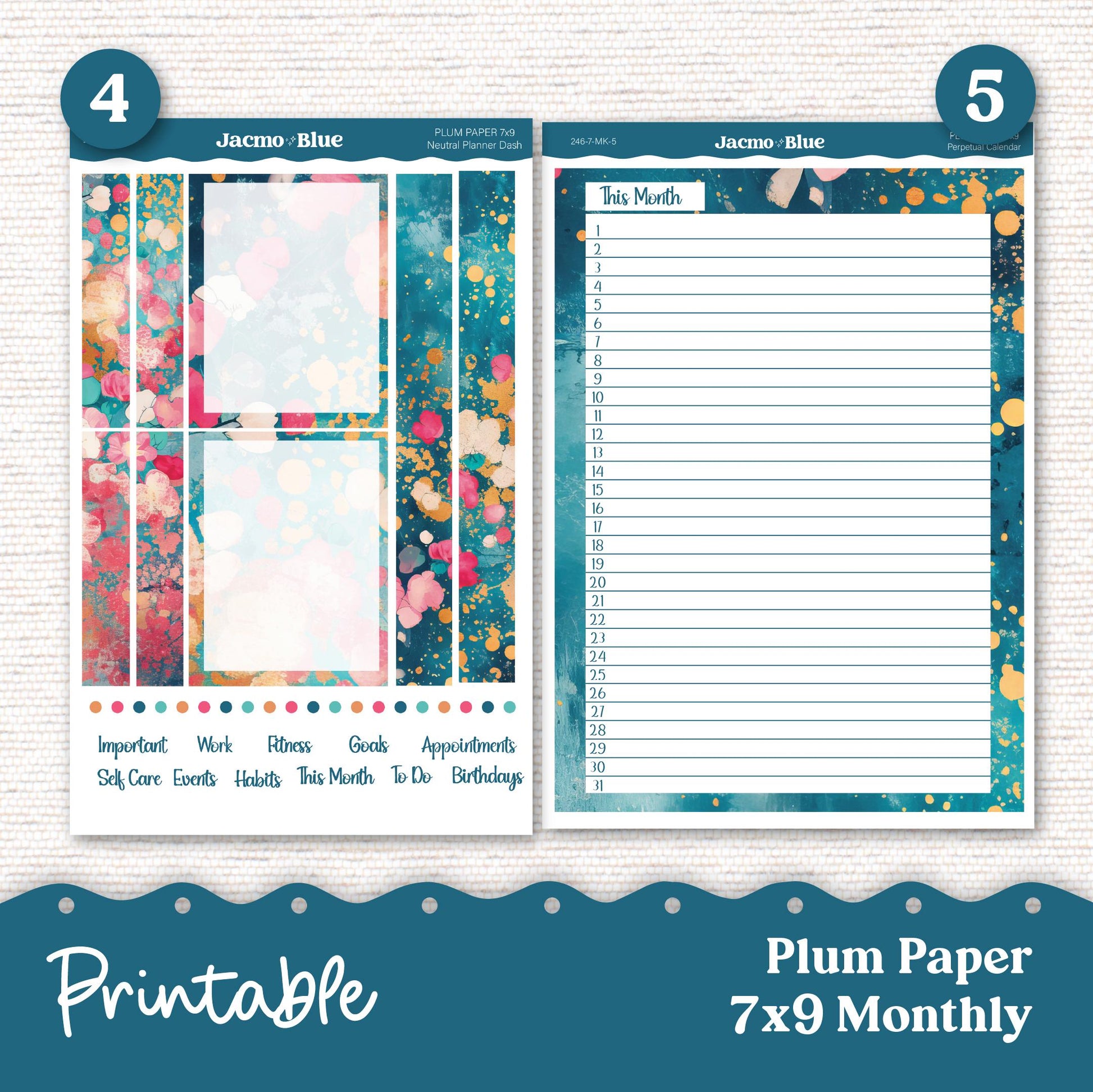 Plum Paper Planner PRINTABLE Monthly Stickers 8x11 7x9 A5 Print and Cut - 246P Blue Purple Flowers Watercolor plus Bonus Gift
