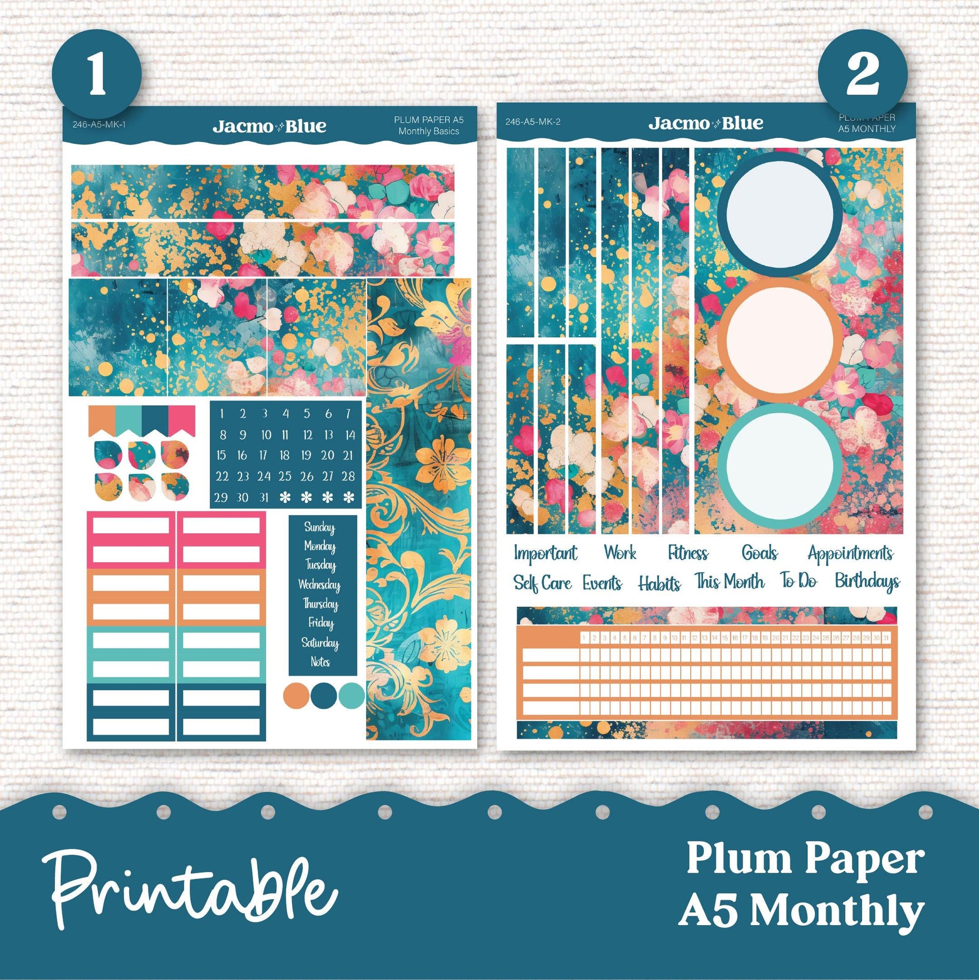 Plum Paper Planner PRINTABLE Monthly Stickers 8x11 7x9 A5 Print and Cut - 246P Blue Purple Flowers Watercolor plus Bonus Gift