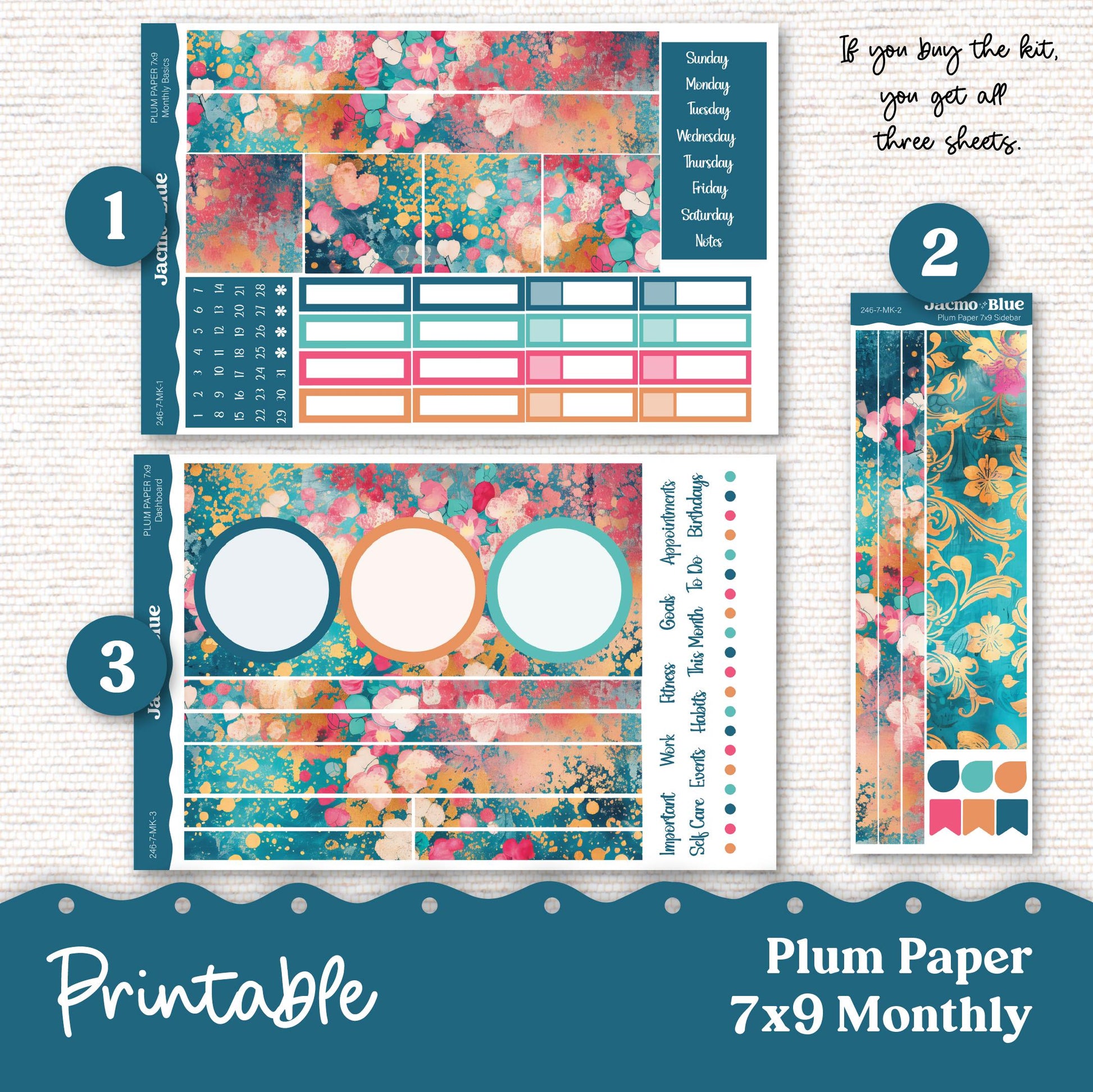 Plum Paper Planner PRINTABLE Monthly Stickers 8x11 7x9 A5 Print and Cut - 246P Blue Purple Flowers Watercolor plus Bonus Gift