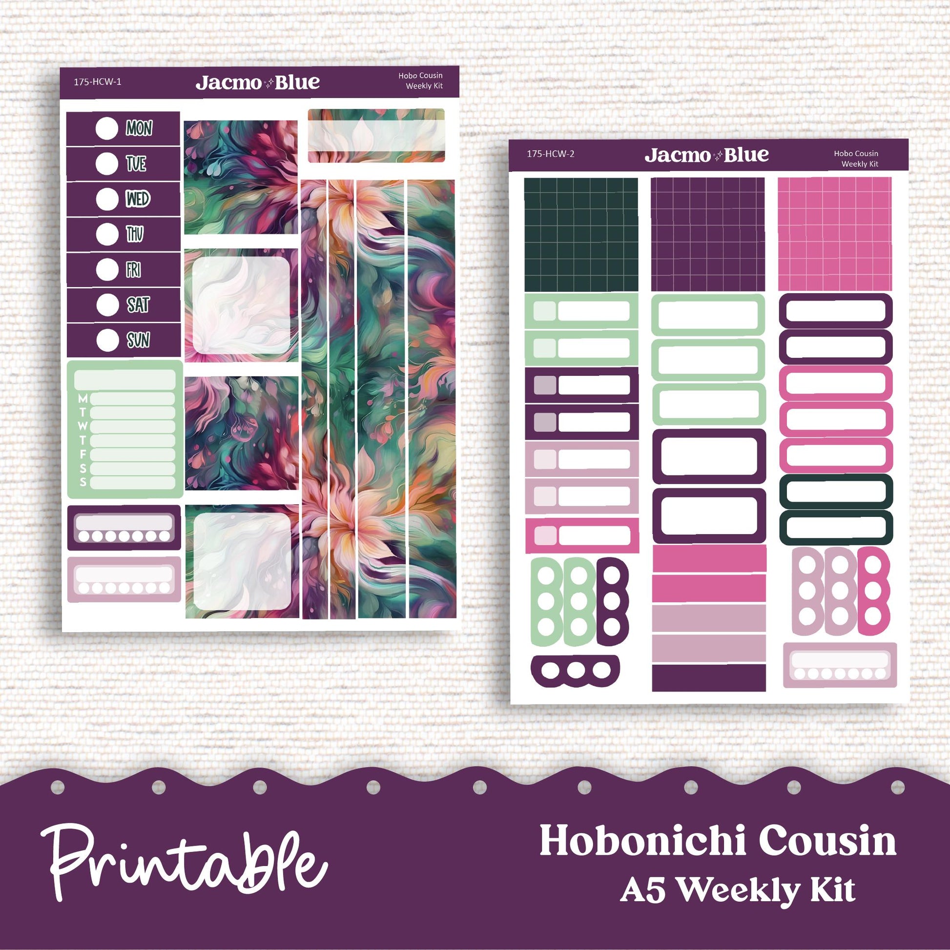 PRINTABLE Hobonichi Cousin Weekly Sticker Kit Cousin Planner Stickers - Silhouette Cricut Transparent PNG Files 175P Fantasy Floral