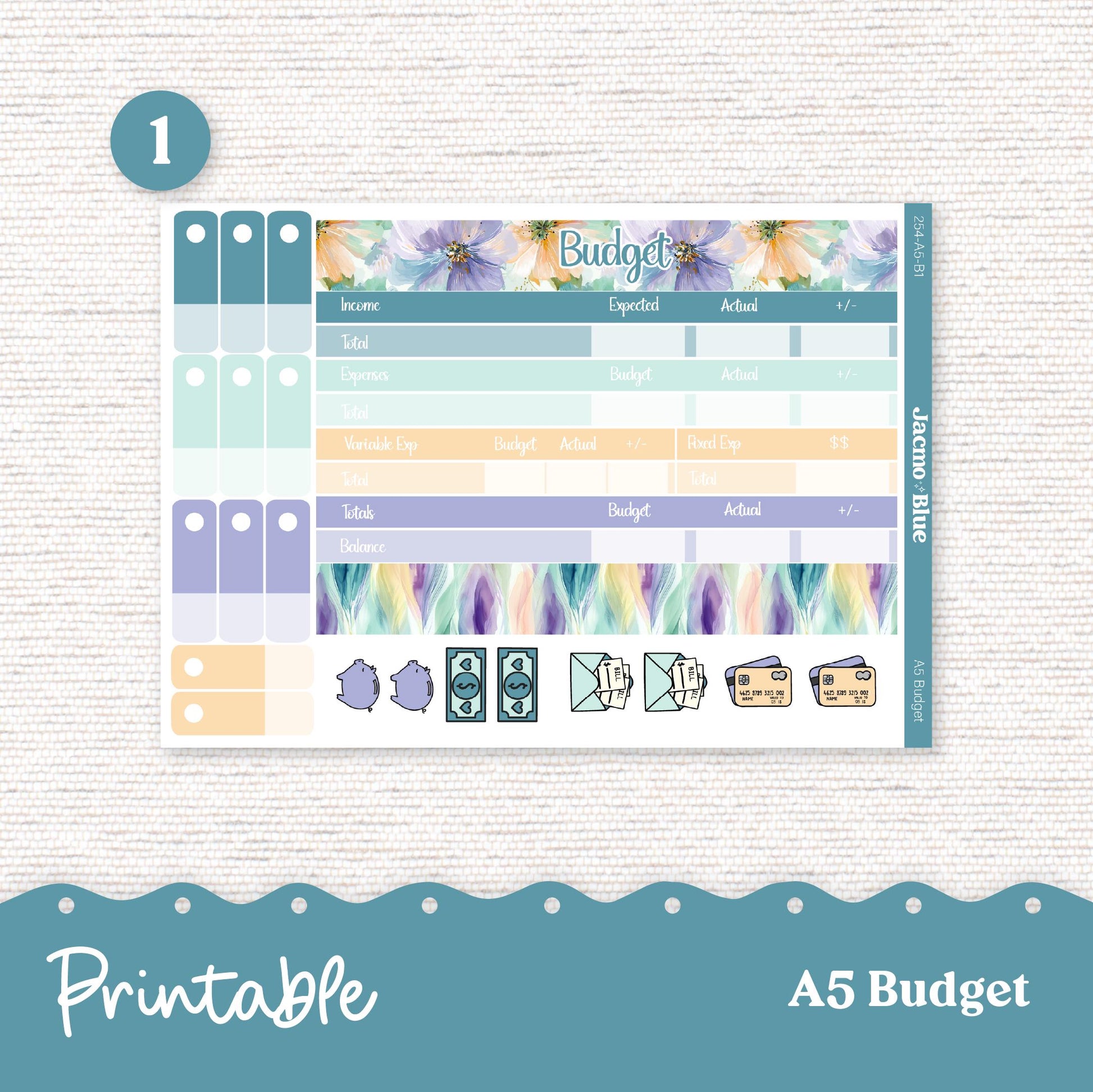 Printable A5 Budget Planner Sticker Kit Budget by Paycheck Trackers - Kit 254 Green Yellow Purple Florals