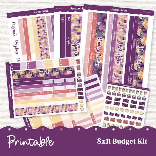 Printable 8x11 Budget Planner Sticker Kit Budget by Paycheck Trackers - Kit 253 Glassy Florals Purple Yellow
