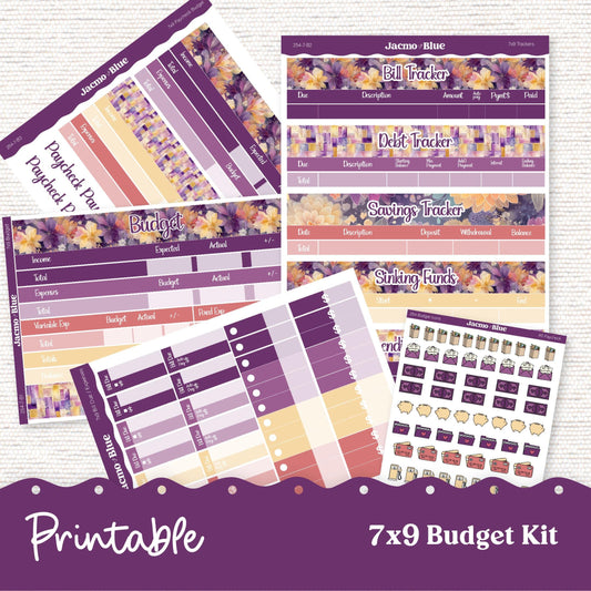 Printable 7x9 Budget Planner Sticker Kit Budget by Paycheck Trackers - Kit 253 Glassy Florals Purple Yellow
