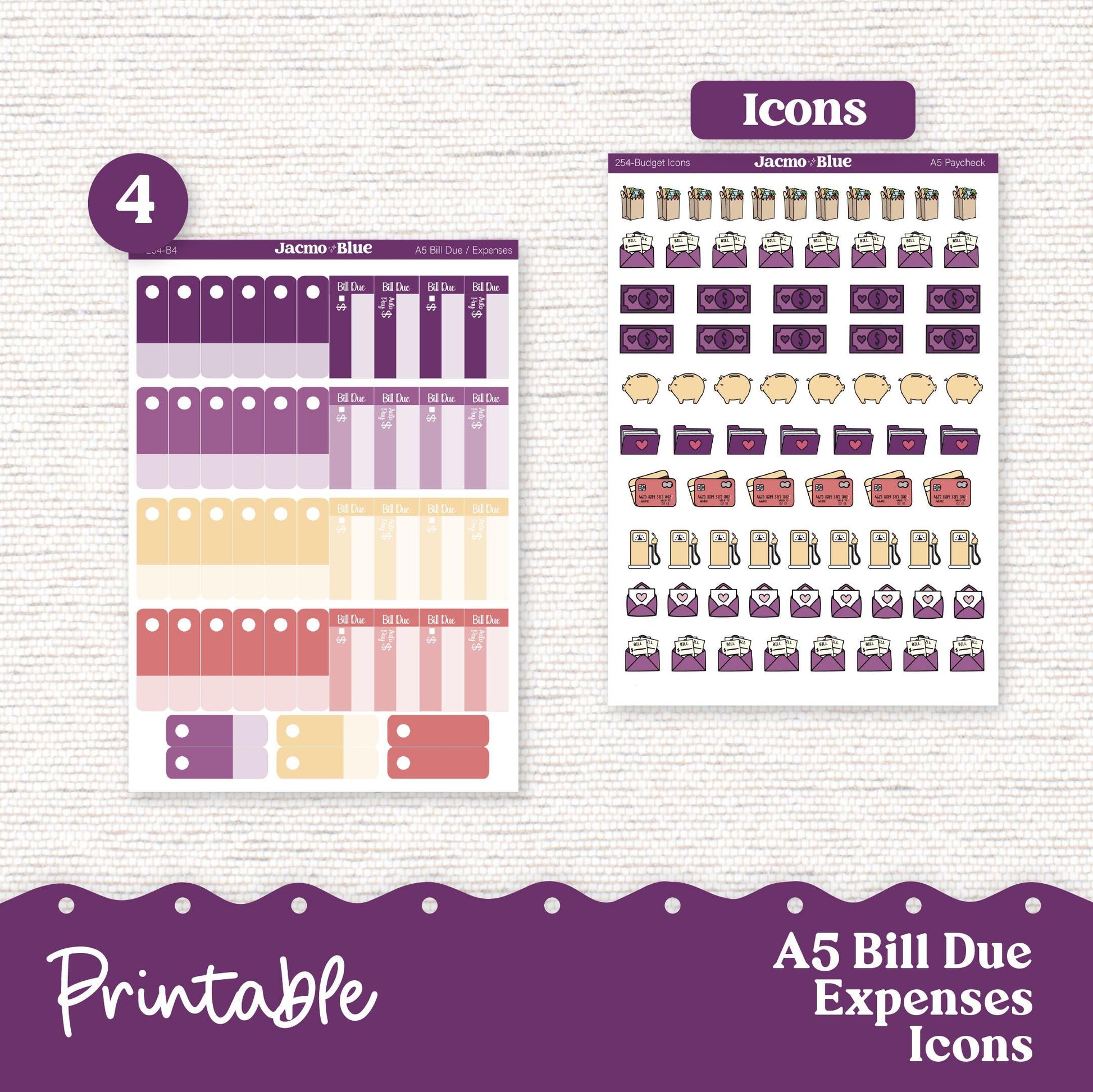 Printable A5 Budget Planner Sticker Kit Budget by Paycheck Trackers - Kit 253 Glassy Florals Purple Yellow