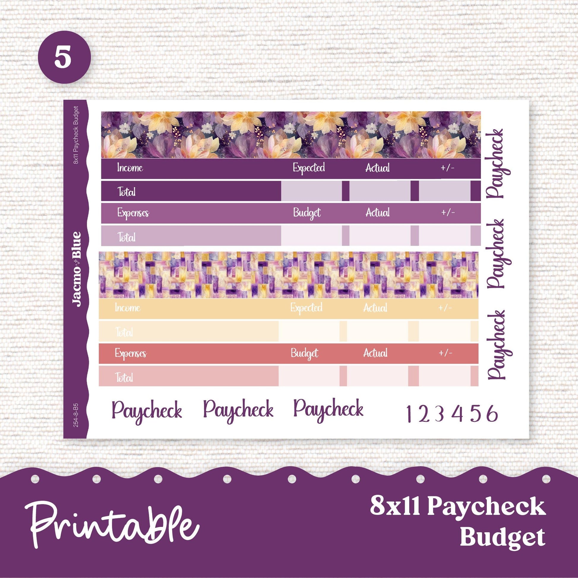 Printable A5 Budget Planner Sticker Kit Budget by Paycheck Trackers - Kit 253 Glassy Florals Purple Yellow