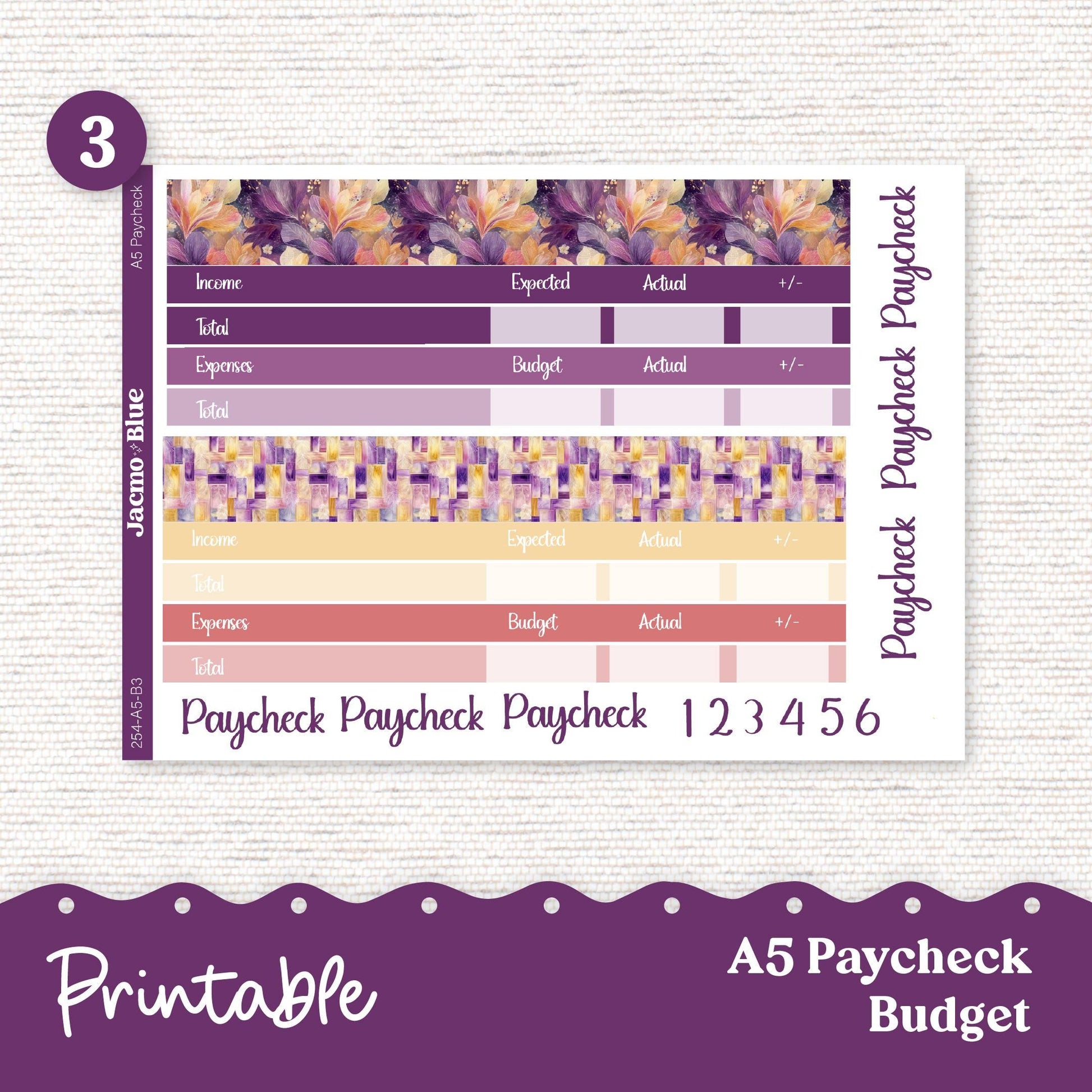 Printable A5 Budget Planner Sticker Kit Budget by Paycheck Trackers - Kit 253 Glassy Florals Purple Yellow