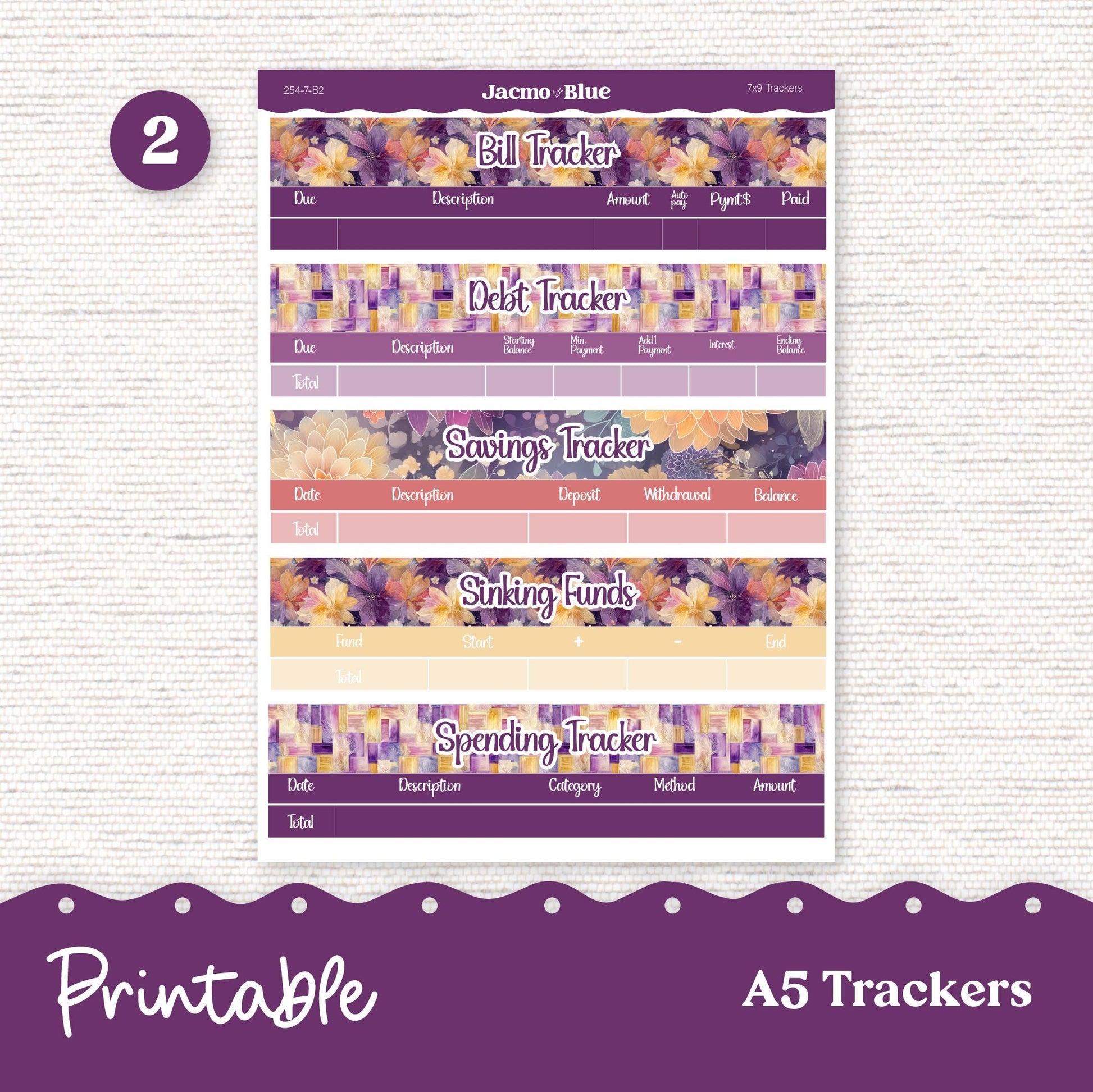Printable A5 Budget Planner Sticker Kit Budget by Paycheck Trackers - Kit 253 Glassy Florals Purple Yellow
