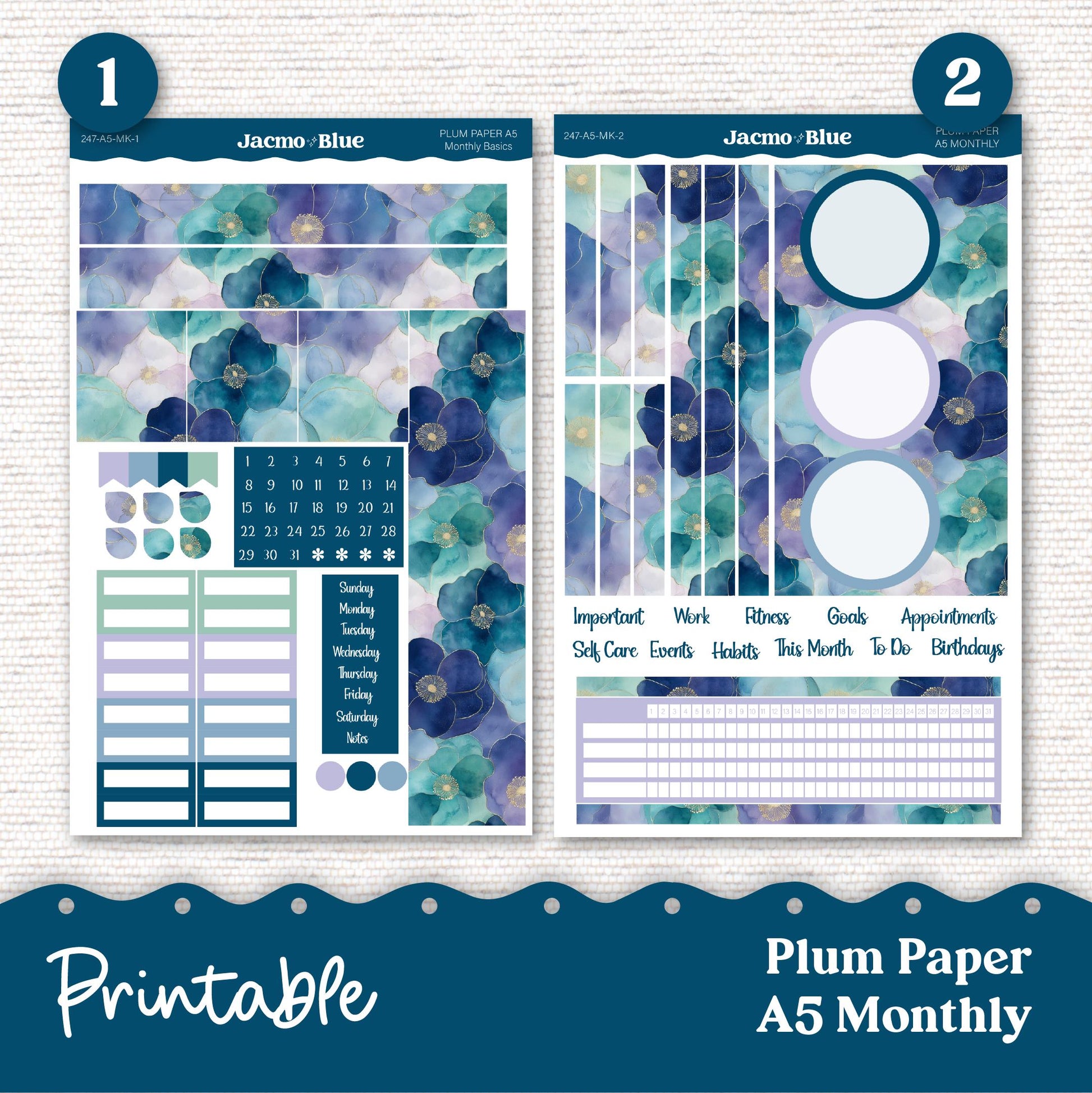 Plum Paper Planner PRINTABLE Monthly Stickers 8x11 7x9 A5 Print and Cut - 247P Blue Green Flowers Watercolor plus Bonus Gift