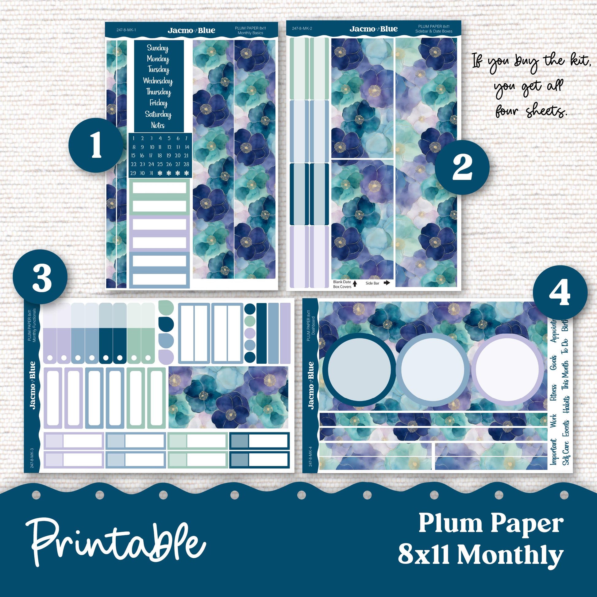 Plum Paper Planner PRINTABLE Monthly Stickers 8x11 7x9 A5 Print and Cut - 247P Blue Green Flowers Watercolor plus Bonus Gift