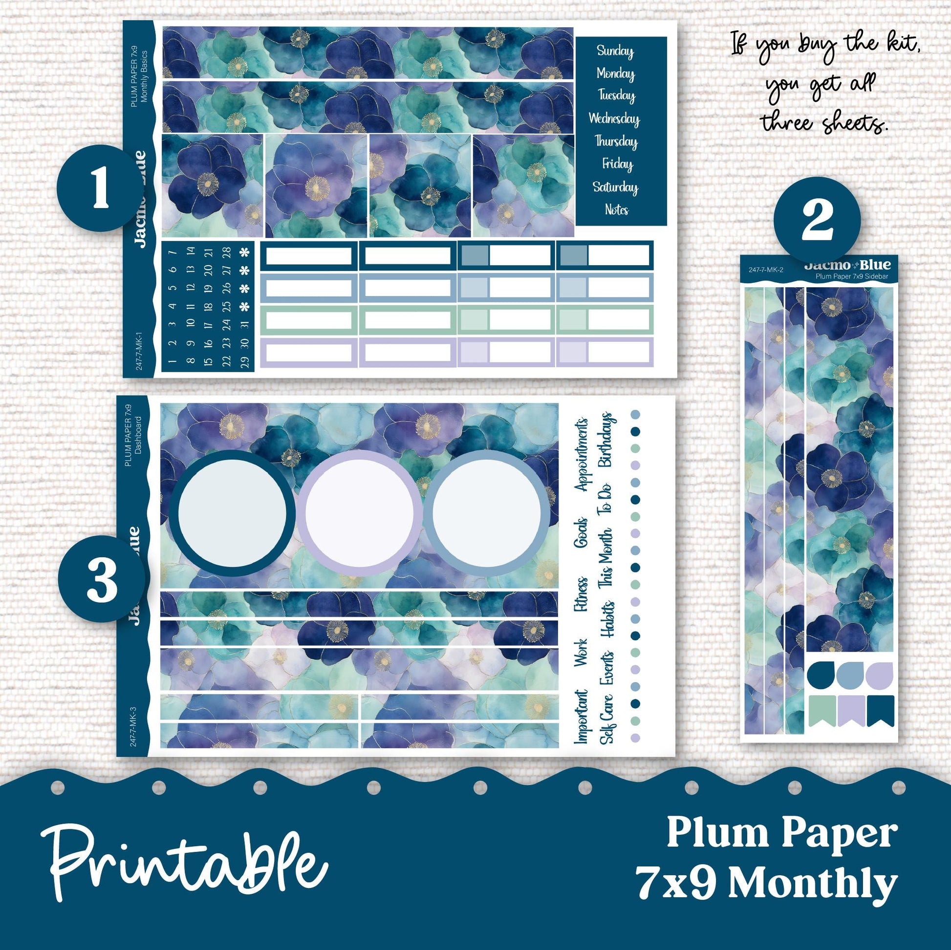 Plum Paper Planner PRINTABLE Monthly Stickers 8x11 7x9 A5 Print and Cut - 247P Blue Green Flowers Watercolor plus Bonus Gift