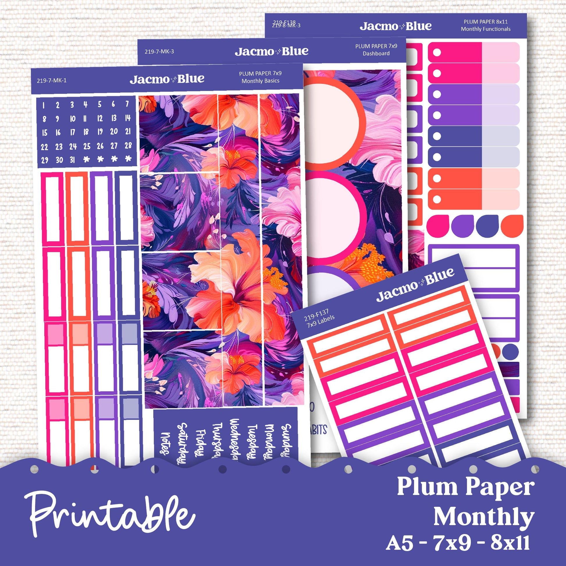 Plum Paper Planner PRINTABLE Monthly Stickers 8x11 7x9 A5 Print and Cut - 219P Spontaneous