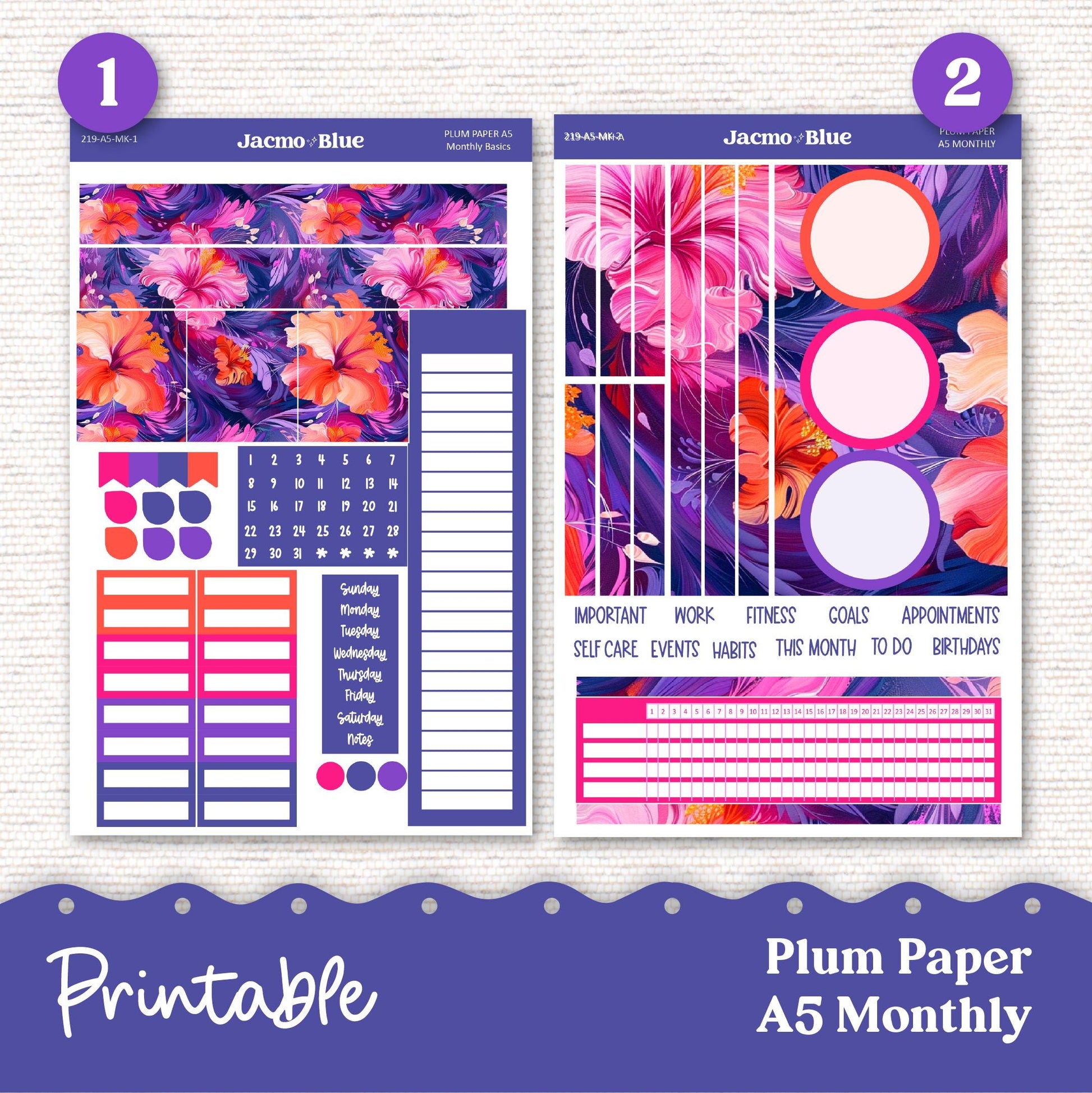 Plum Paper Planner PRINTABLE Monthly Stickers 8x11 7x9 A5 Print and Cut - 219P Spontaneous