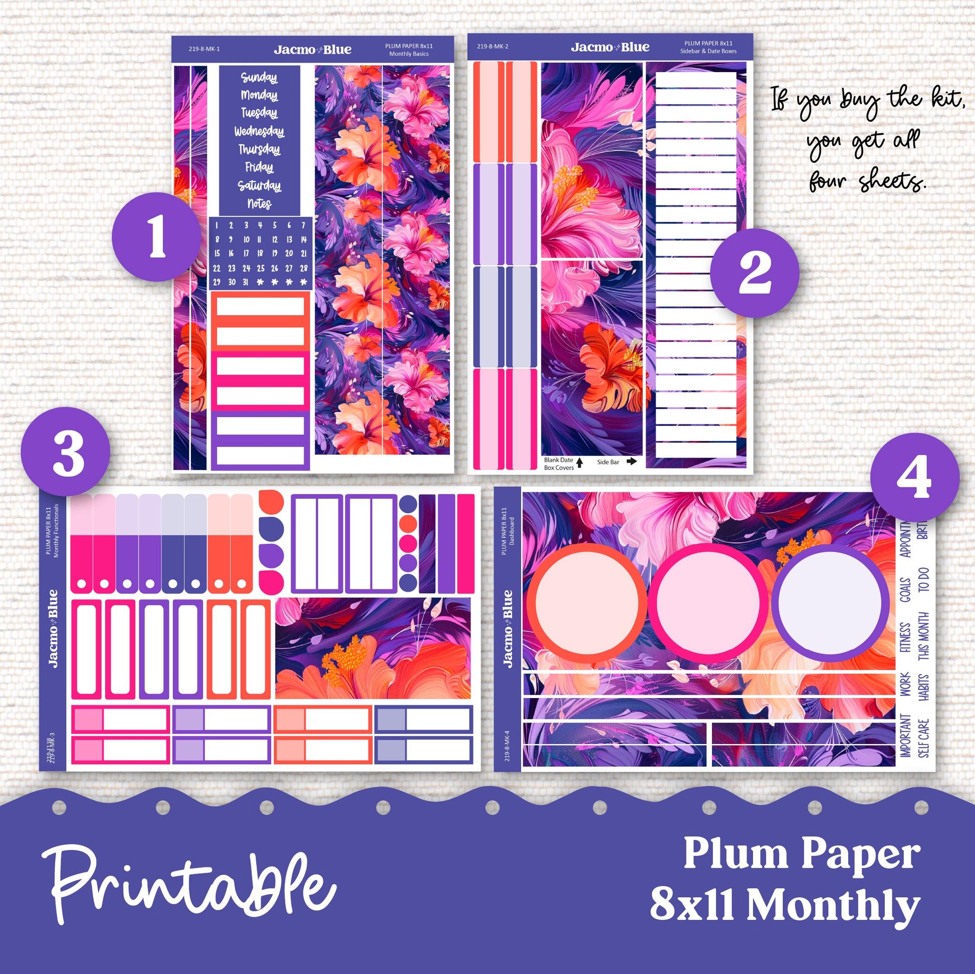Plum Paper Planner PRINTABLE Monthly Stickers 8x11 7x9 A5 Print and Cut - 219P Spontaneous
