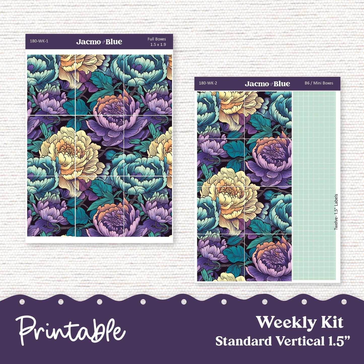 PRINTABLE Weekly Sticker Kit Vertical Planner - Silhouette Cricut Transparent PNG Files 180P Vintage Kimono