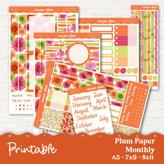 Plum Paper Planner PRINTABLE Monthly Stickers 8x11 7x9 A5 Print and Cut - 256P Summery Gerber Daisies