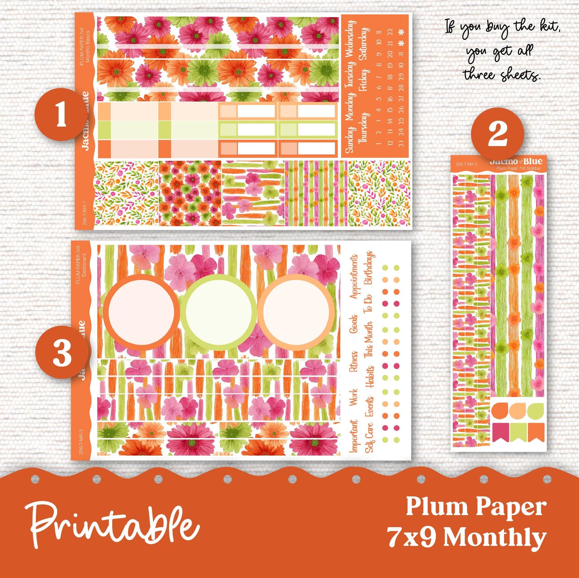 Plum Paper Planner PRINTABLE Monthly Stickers 8x11 7x9 A5 Print and Cut - 256P Summery Gerber Daisies