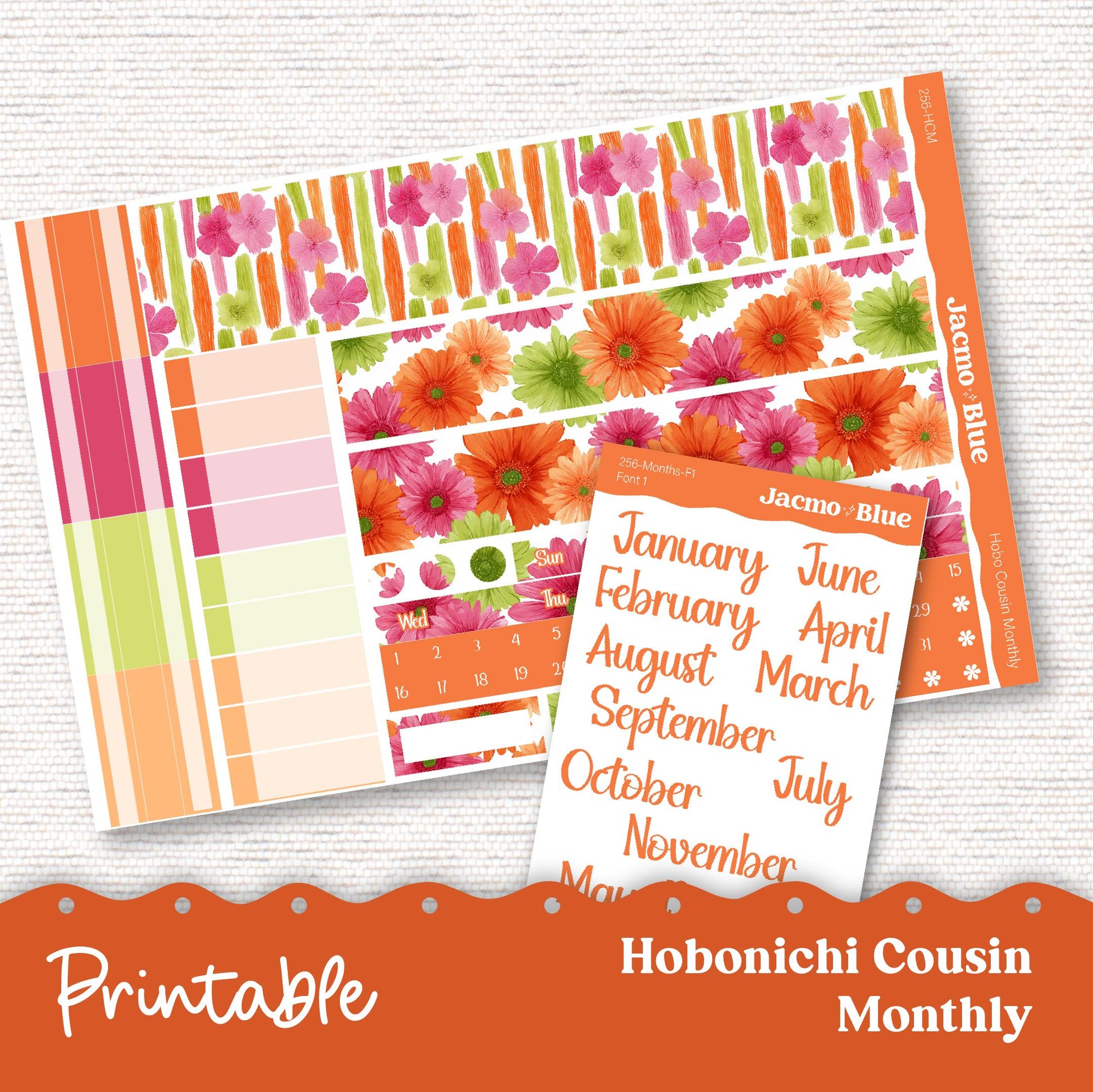 256P PRINTABLE Monthly Planner Stickers for Hobonichi Cousin A5 - Print and Cut Silhouette and Cricut - Summer Gerber Daisies