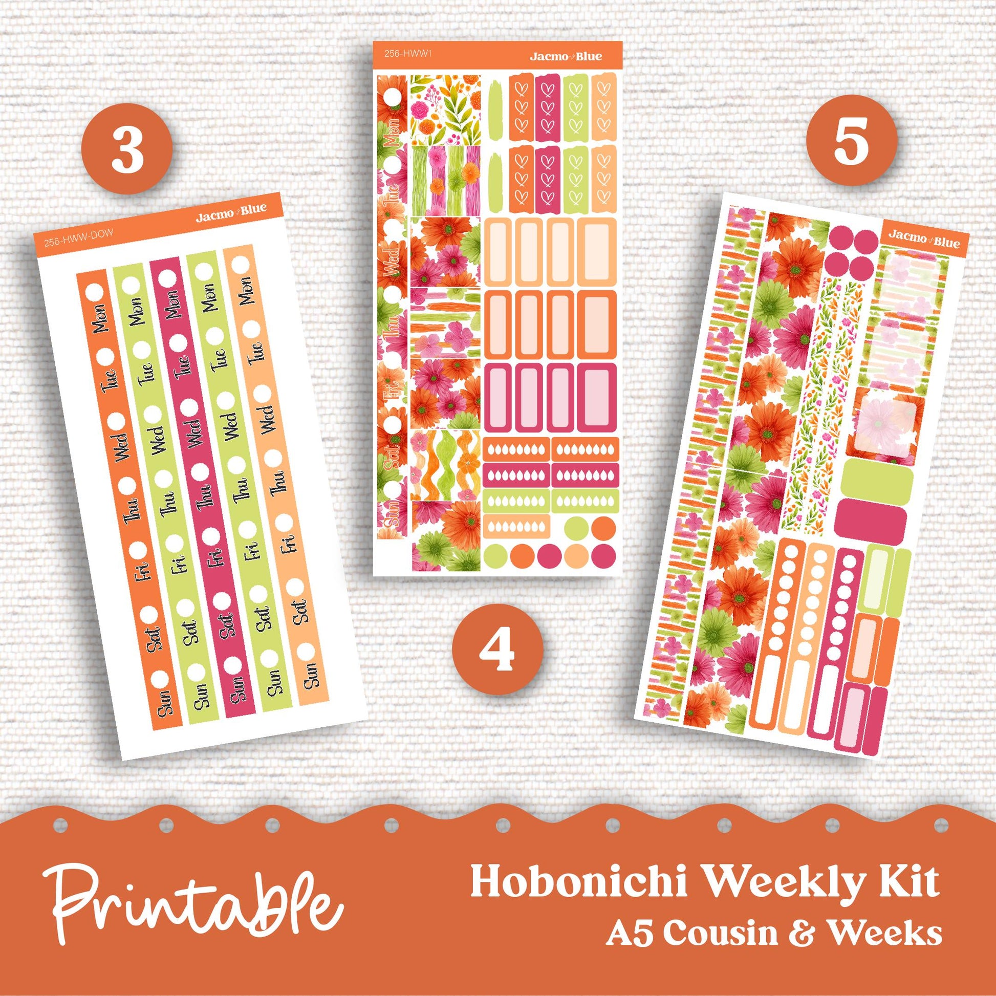 PRINTABLE Hobonichi Weekly Sticker Kit Cousin & Weeks Planner Stickers - Silhouette Cricut Transparent PNG Files 256P Summer Gerber Daisies