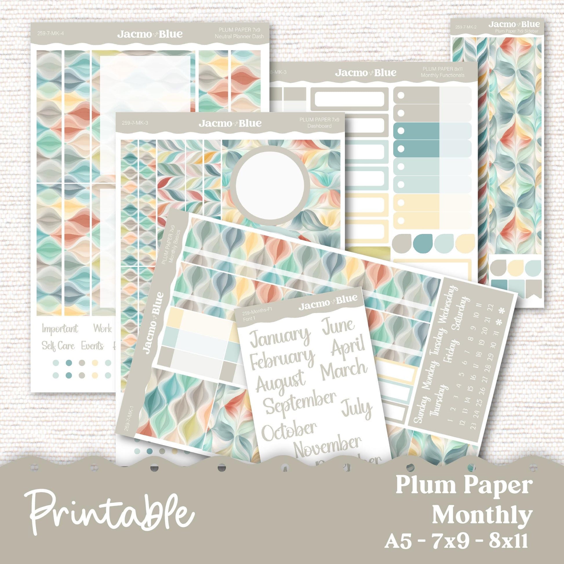 Plum Paper Planner PRINTABLE Monthly Stickers 8x11 7x9 A5 Print and Cut - Cricut Silhouette - 259P Southwestern Zen