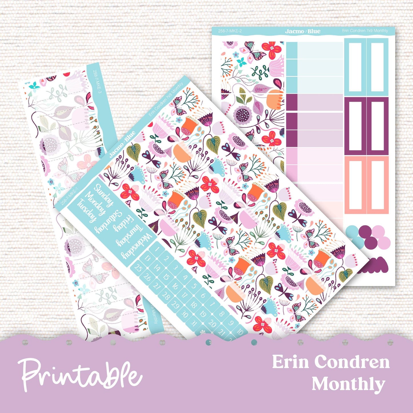 PRINTABLE Monthly Planner Stickers for Erin Condren 7x9 and A5 - Print and Cut Silhouette and Cricut - 258P Lavender Doodle