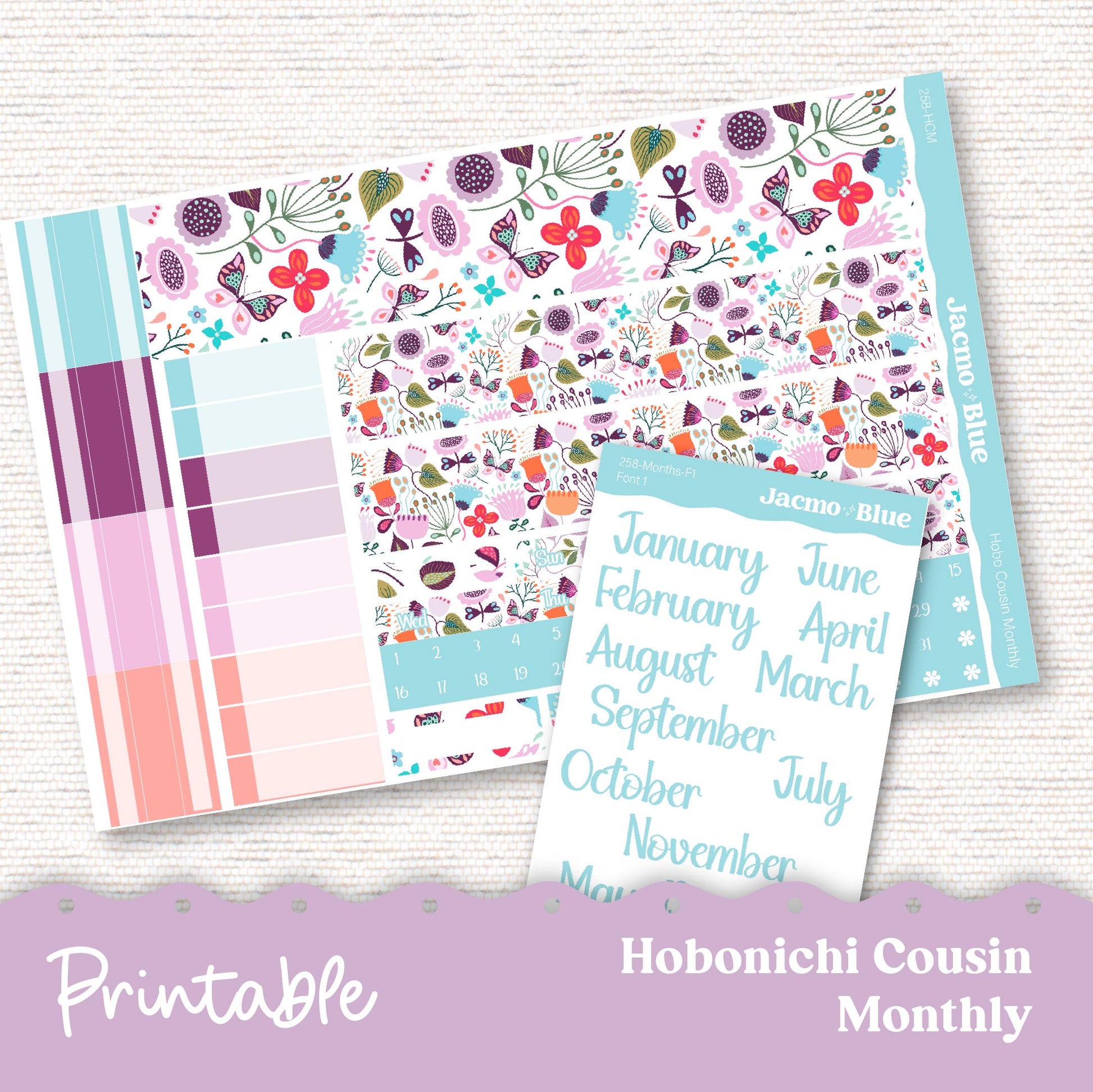 258P PRINTABLE Monthly Planner Stickers for Hobonichi Cousin A5 - Print and Cut Silhouette and Cricut - Lavender Doodle