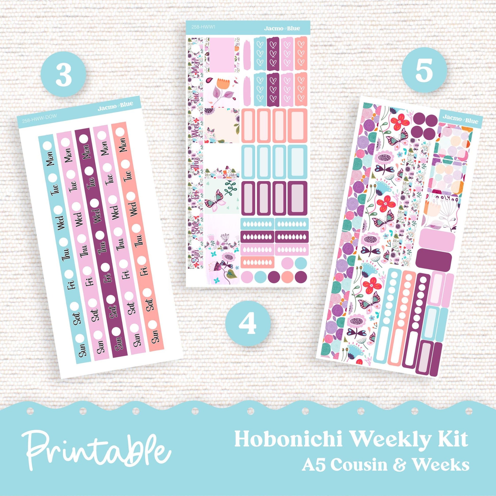 PRINTABLE Hobonichi Weekly Sticker Kit Cousin & Weeks Planner Stickers - Silhouette Cricut Transparent PNG Files 258P Lavender Doodle