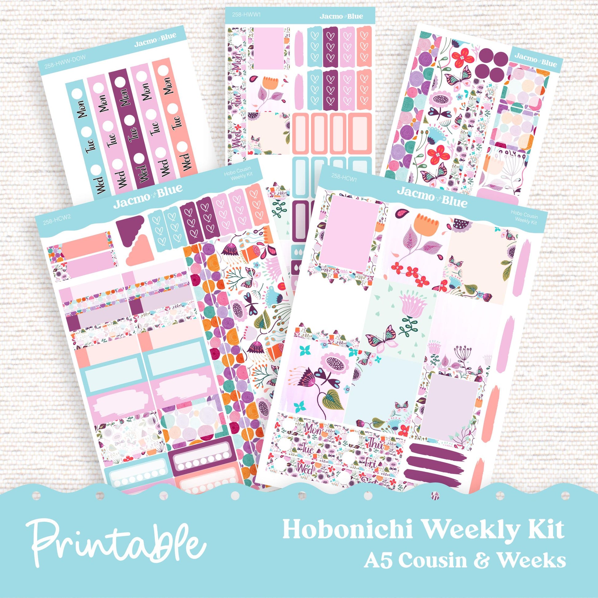 PRINTABLE Hobonichi Weekly Sticker Kit Cousin & Weeks Planner Stickers - Silhouette Cricut Transparent PNG Files 258P Lavender Doodle