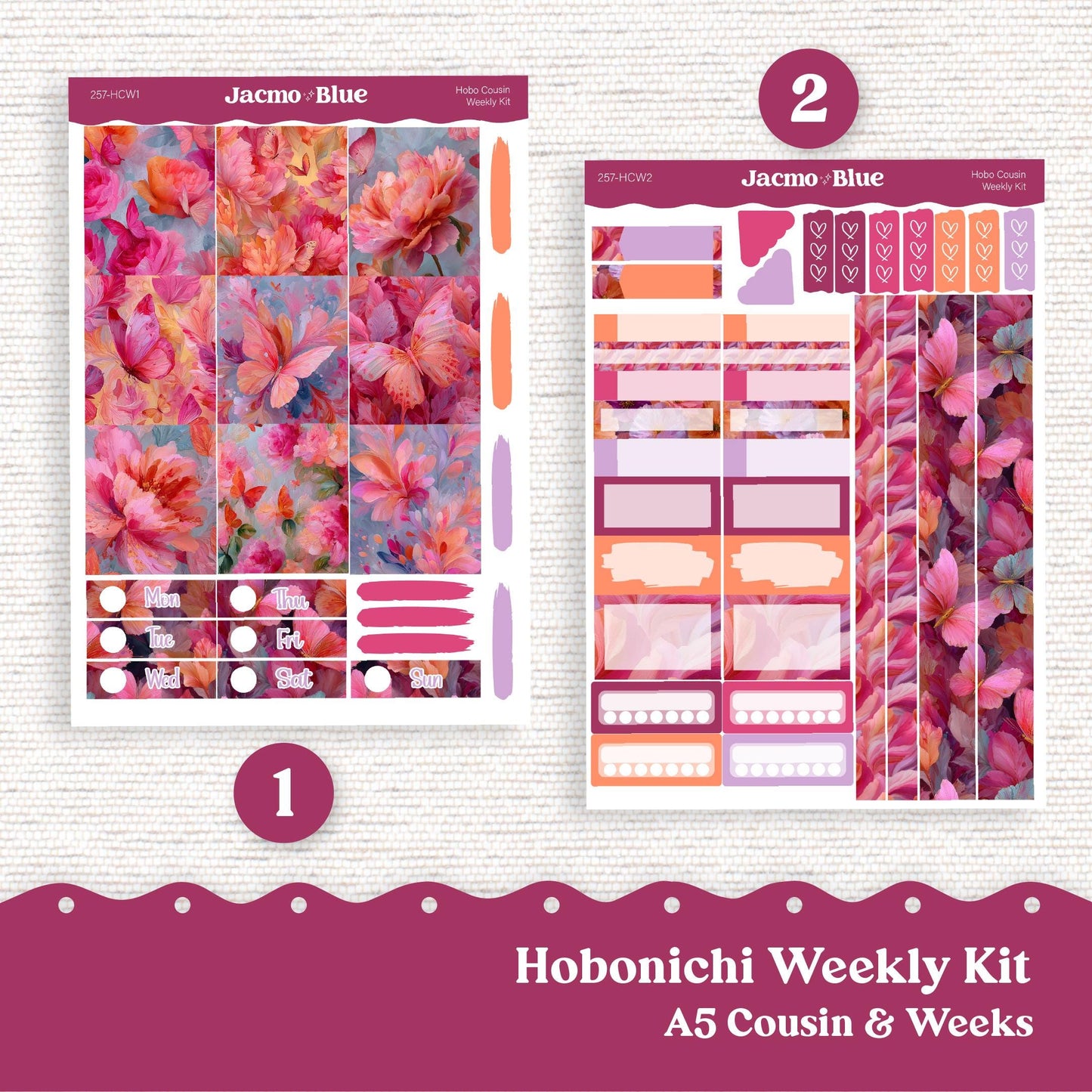 Hobonichi Cousin & Hobonichi Weeks Weekly Planner Sticker Kit 257 Bright Butterflies - Sterling Ink Common Planner 1.3" columns