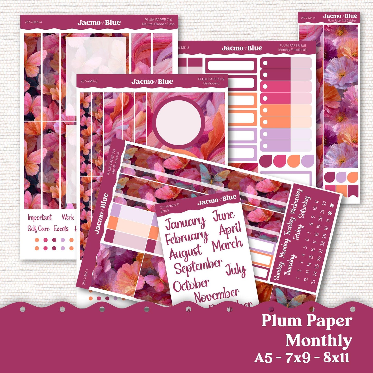 Plum Paper Monthly Sticker Kit for 8x11 7x9 A5 Planners Stickers - Kit 257 Bright Butterflies Summer
