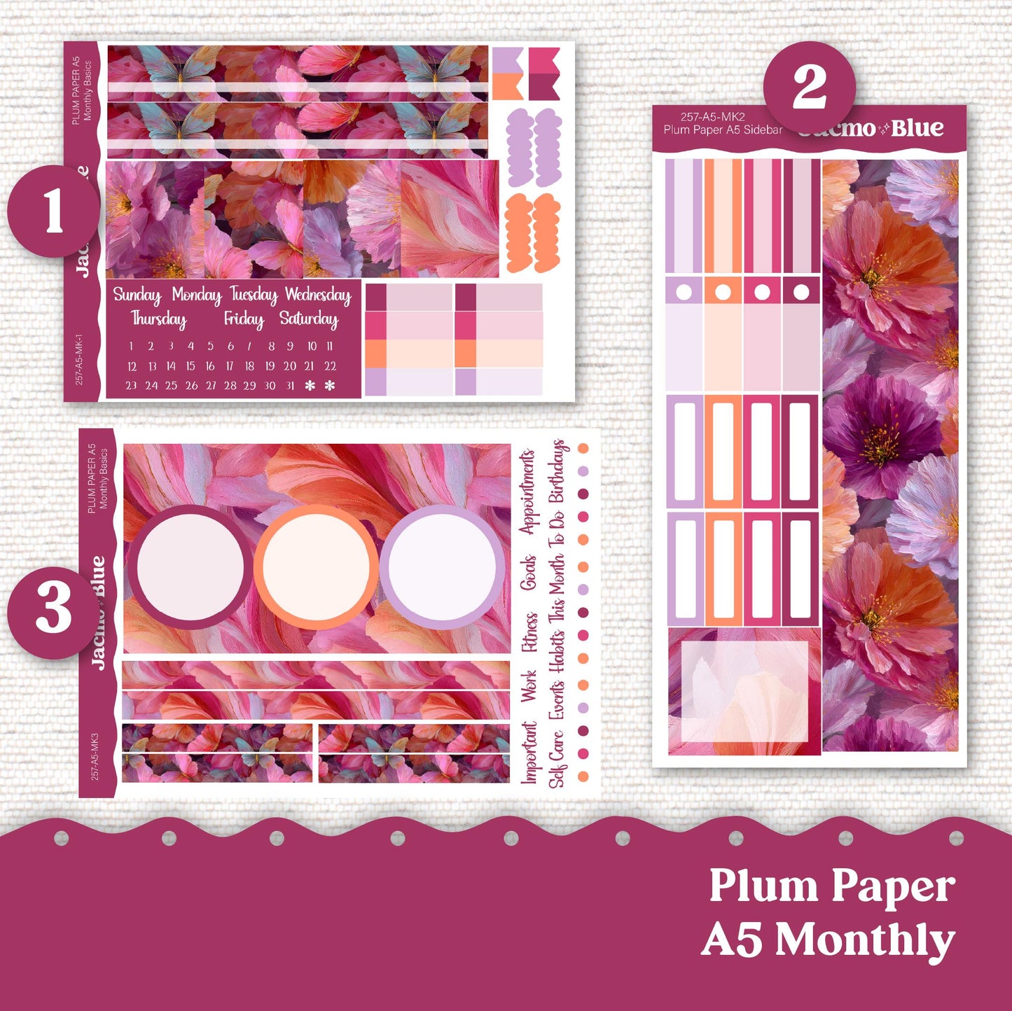 Plum Paper Monthly Sticker Kit for 8x11 7x9 A5 Planners Stickers - Kit 257 Bright Butterflies Summer