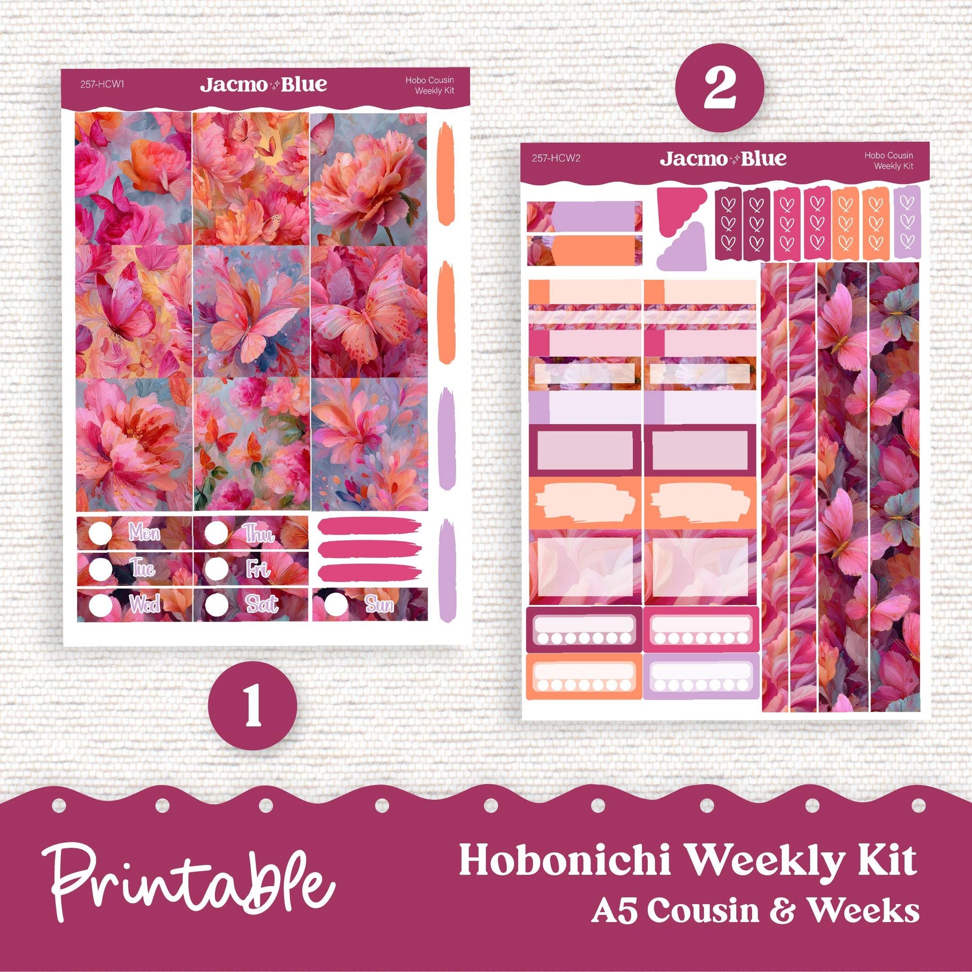 PRINTABLE Hobonichi Weekly Sticker Kit Cousin & Weeks Planner Stickers - Silhouette Cricut Transparent PNG Files 257P Bright Butterflies