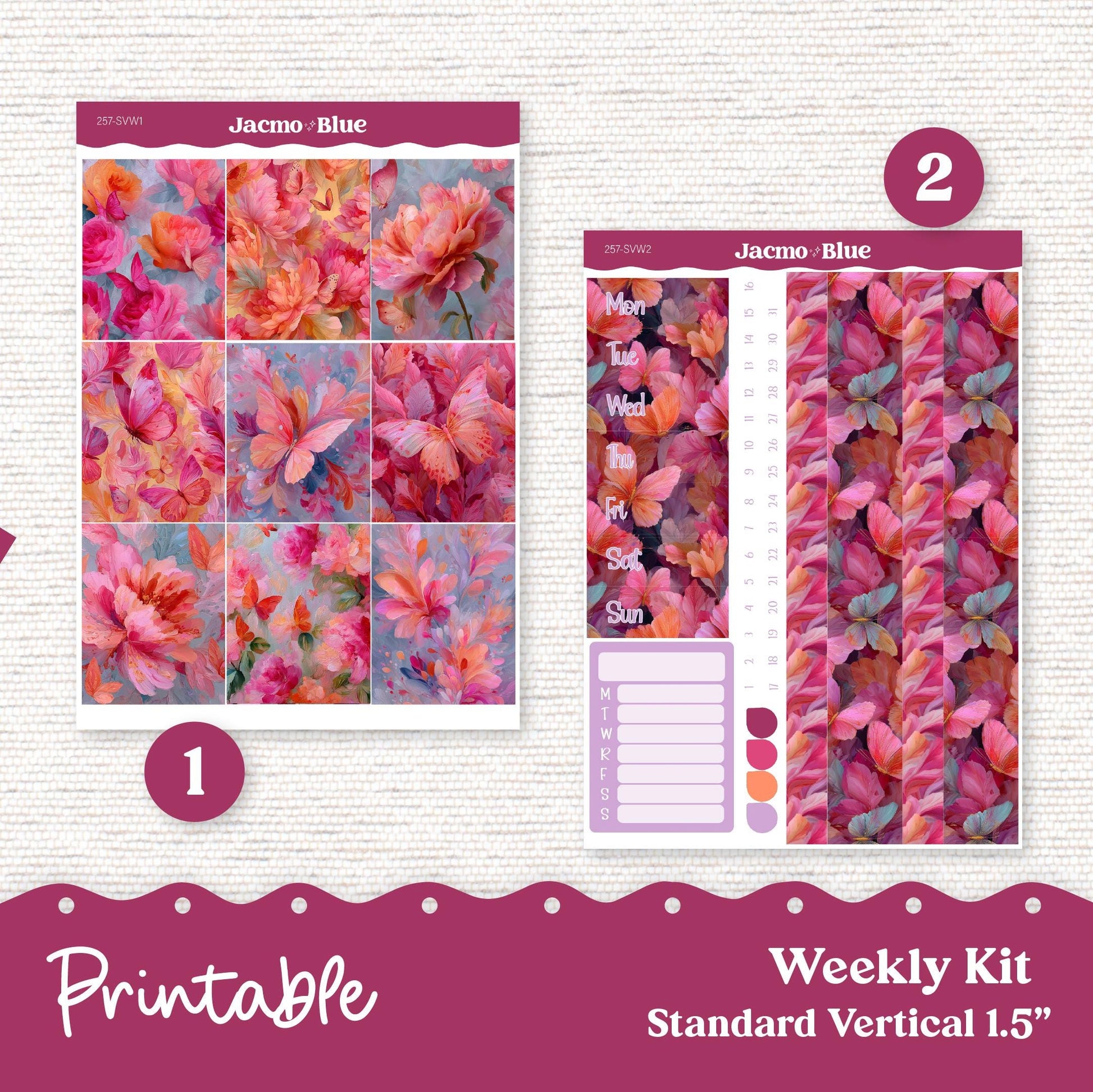 257P PRINTABLE Weekly Sticker Kit Vertical Planner Stickers Erin Condren - Silhouette Cricut Weekly Stickers 1.5" columns Bright Butterflies