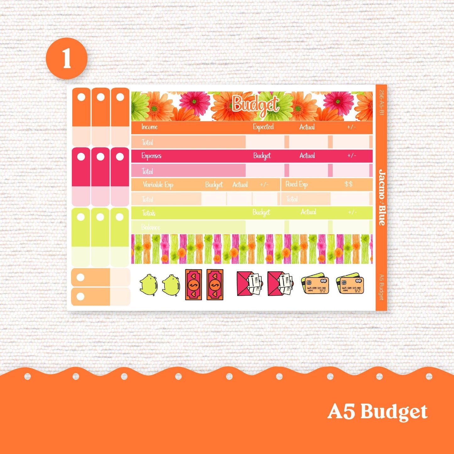 A5 Budget Planner Sticker Kit Budget by Paycheck Trackers - Kit 256 Bright Gerber Daisies