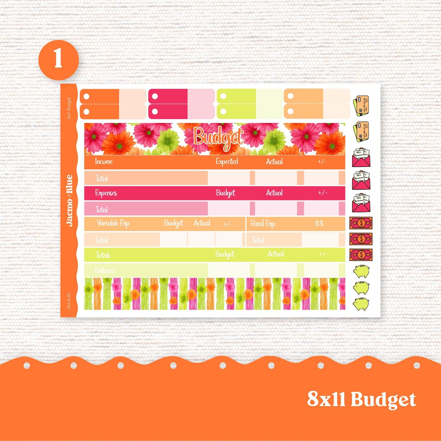8x11 Budget Planner Sticker Kit Budget by Paycheck Trackers - Kit 256 Bright Gerber Daisies