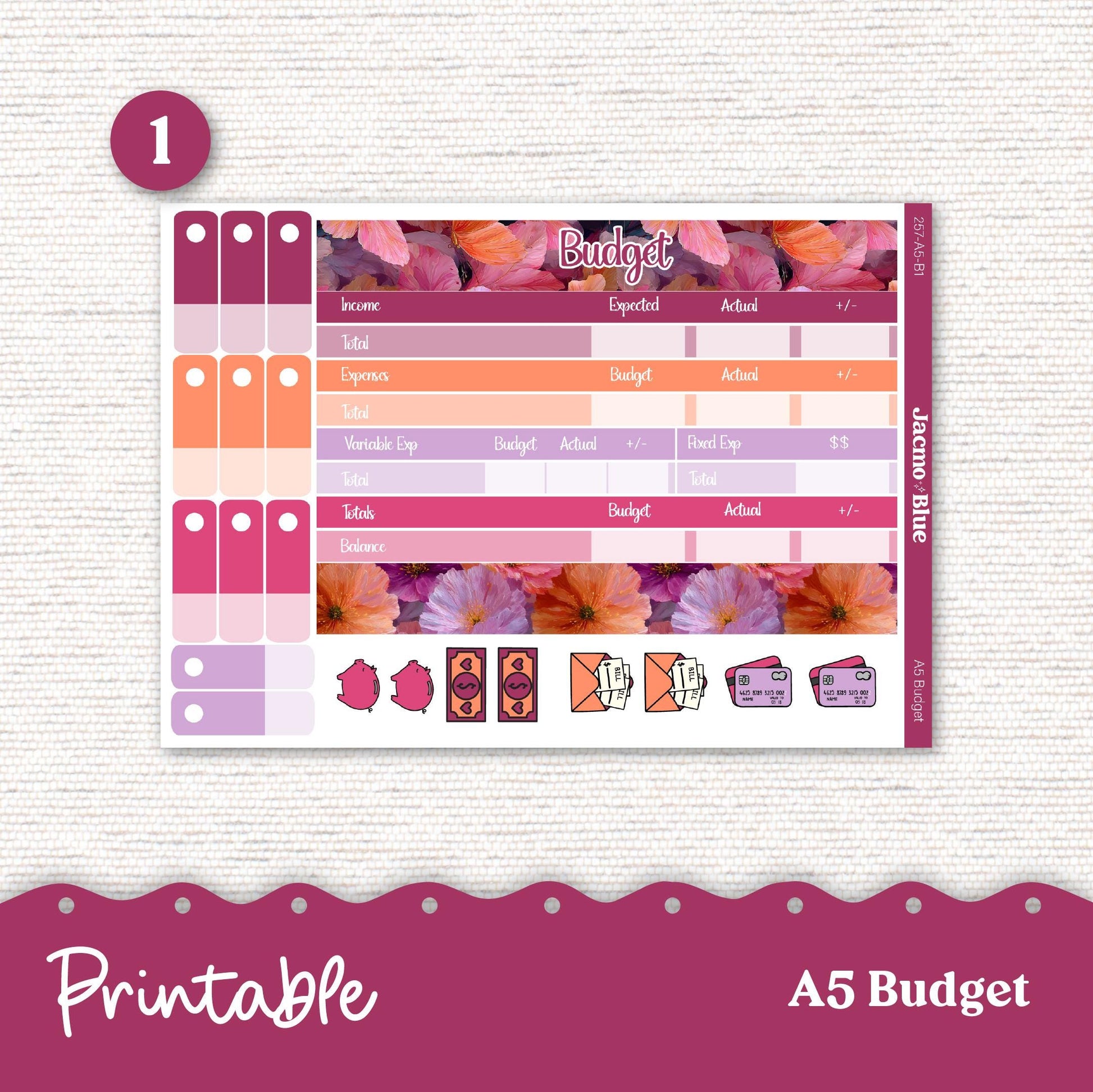 Printable A5 Budget Planner Sticker Kit Budget by Paycheck Trackers - Kit 257P Bright Butterflies