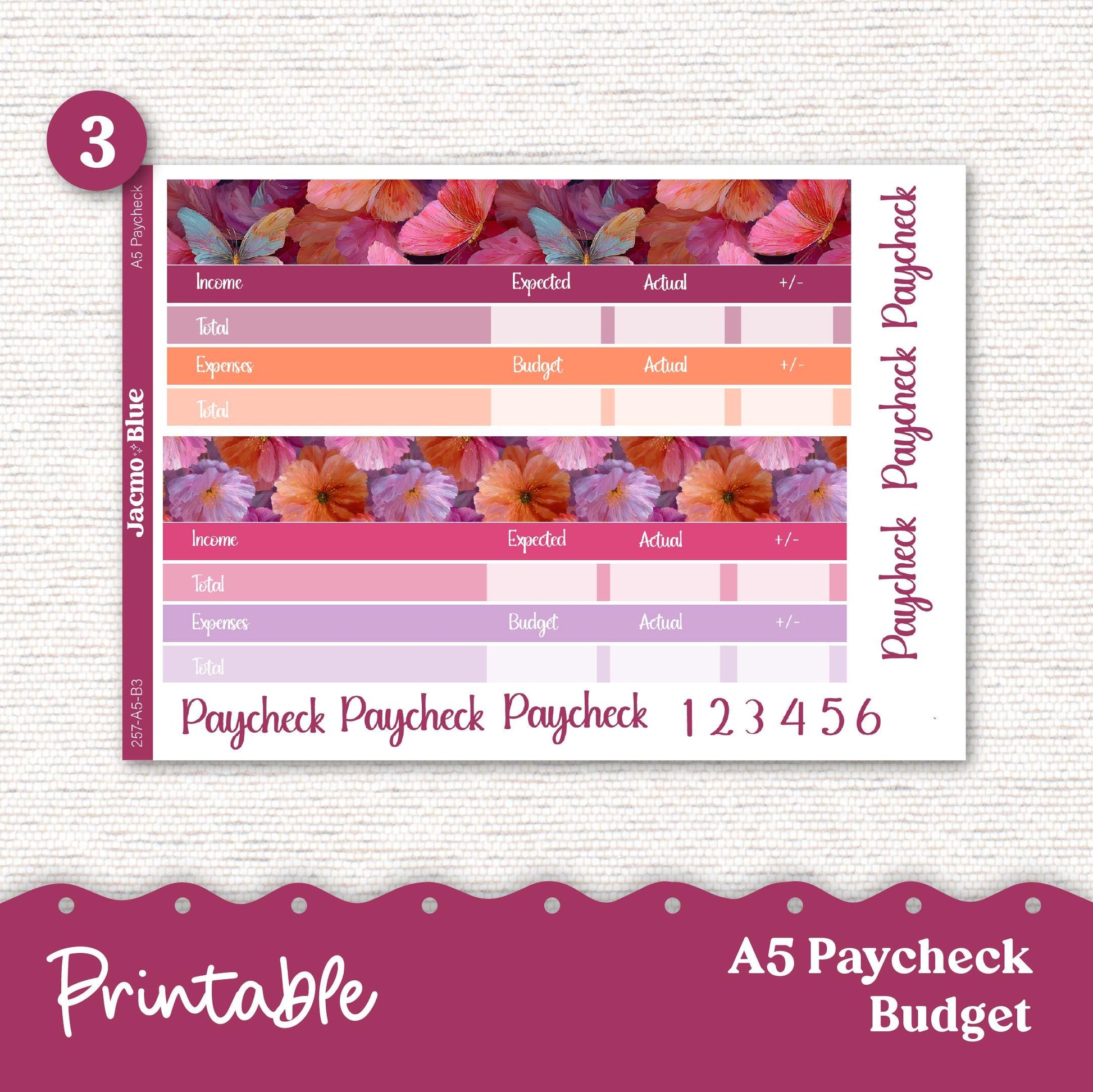 Printable A5 Budget Planner Sticker Kit Budget by Paycheck Trackers - Kit 257P Bright Butterflies