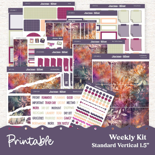 PRINTABLE Weekly Sticker Kit Vertical Planner - Silhouette Cricut Transparent PNG Files 171P Fantasy Floral