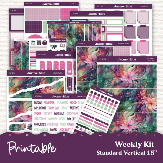PRINTABLE Weekly Sticker Kit Vertical Planner - Silhouette Cricut Transparent PNG Files 175P Fantasy Floral