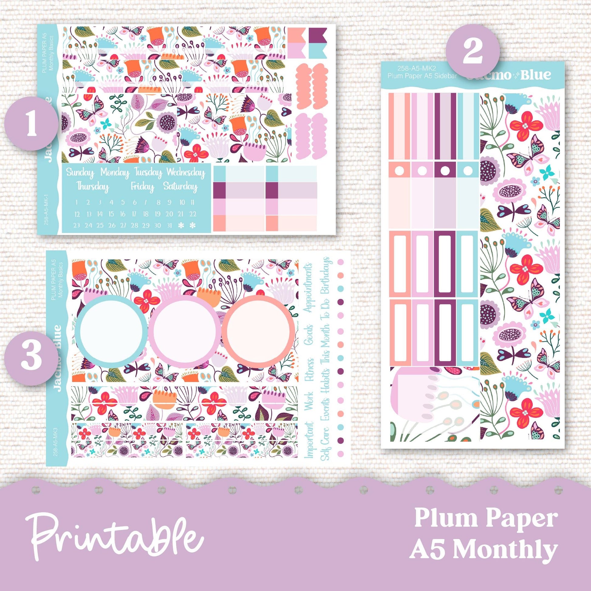 Plum Paper Planner PRINTABLE Monthly Stickers 8x11 7x9 A5 Print and Cut - Cricut Silhouette - 258P Lavender Doodle