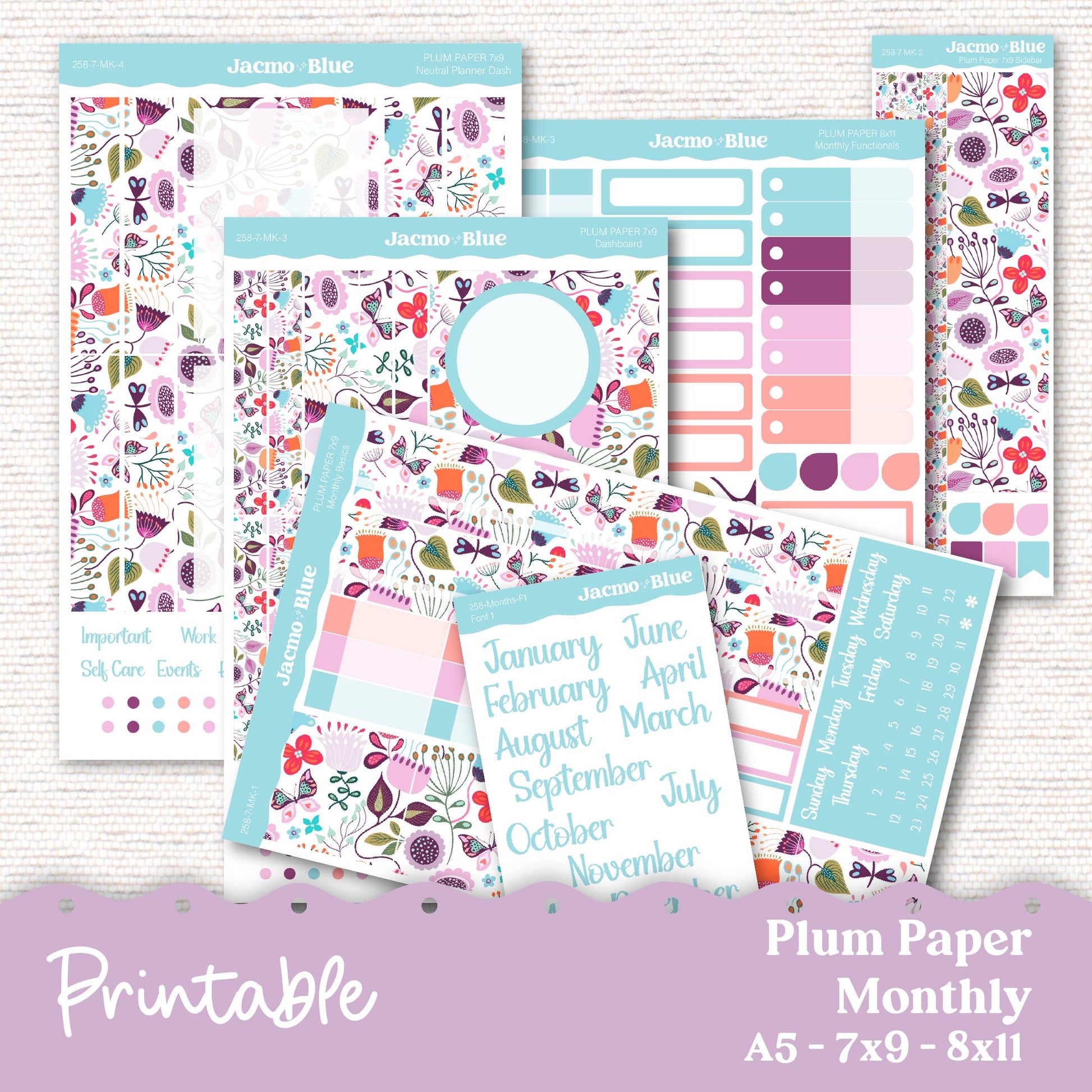 Plum Paper Planner PRINTABLE Monthly Stickers 8x11 7x9 A5 Print and Cut - Cricut Silhouette - 258P Lavender Doodle