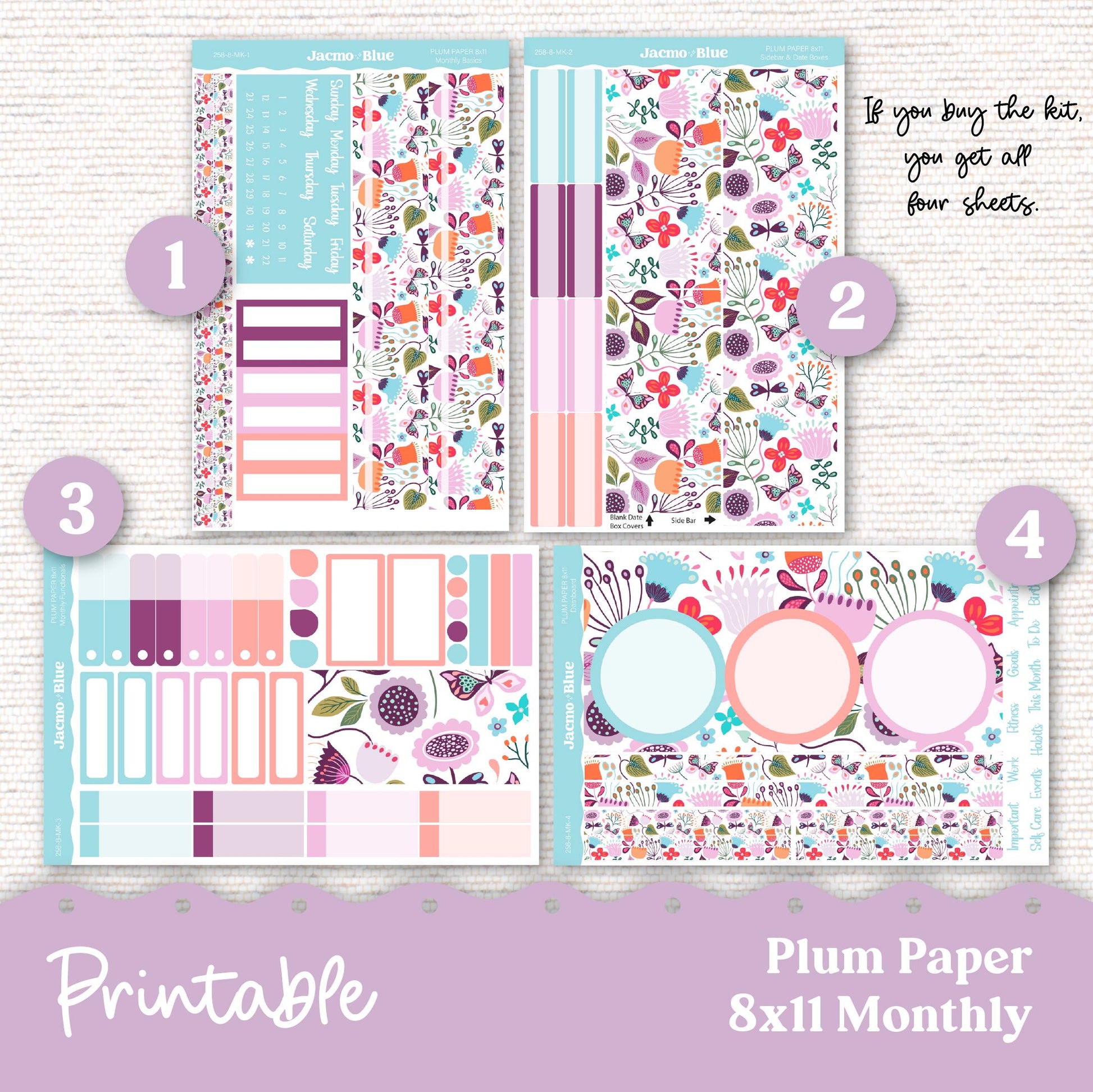 Plum Paper Planner PRINTABLE Monthly Stickers 8x11 7x9 A5 Print and Cut - Cricut Silhouette - 258P Lavender Doodle