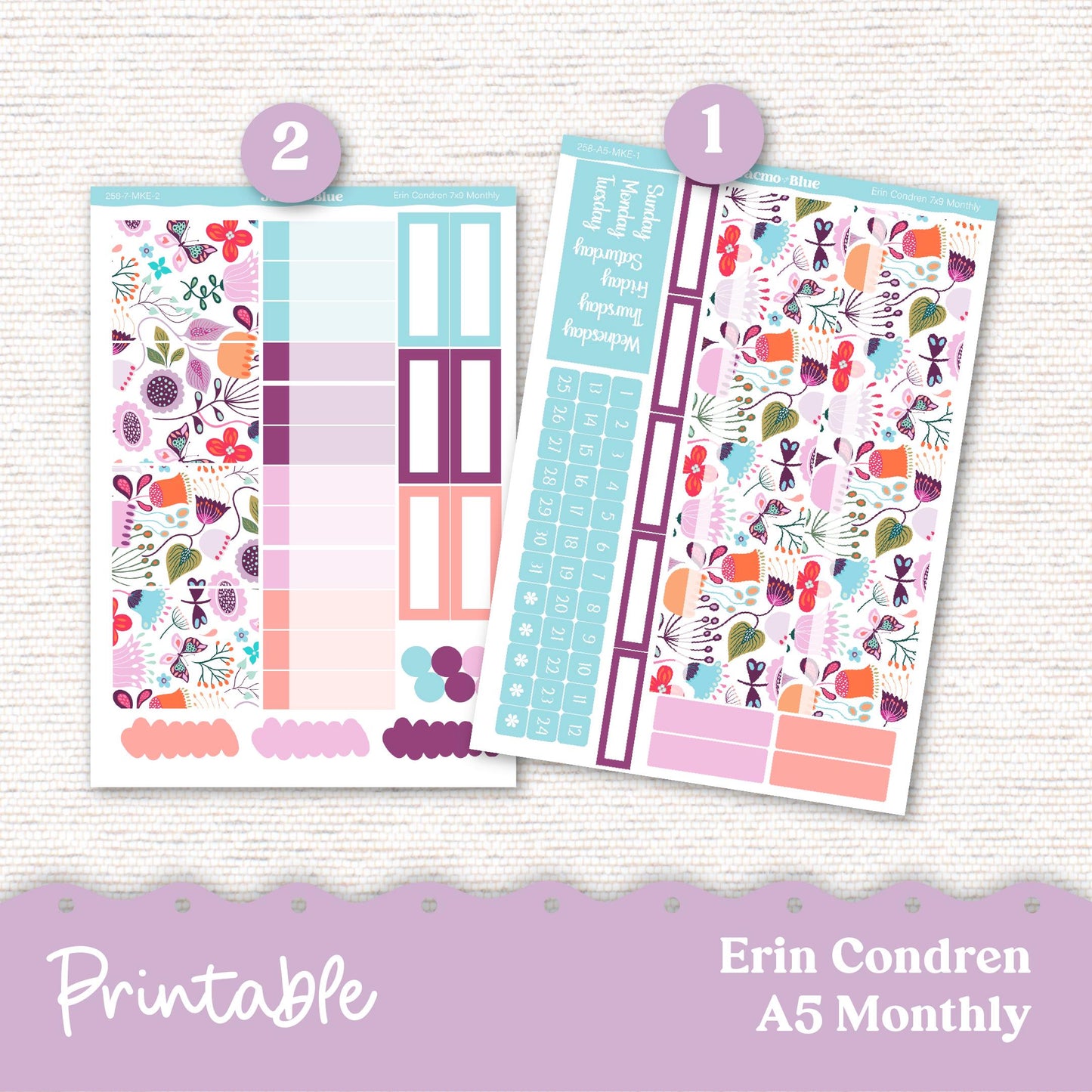 PRINTABLE Monthly Planner Stickers for Erin Condren 7x9 and A5 - Print and Cut Silhouette and Cricut - 258P Lavender Doodle