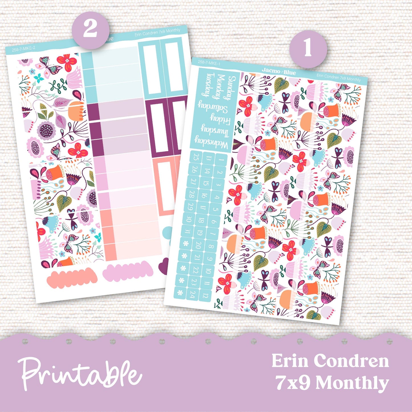 PRINTABLE Monthly Planner Stickers for Erin Condren 7x9 and A5 - Print and Cut Silhouette and Cricut - 258P Lavender Doodle