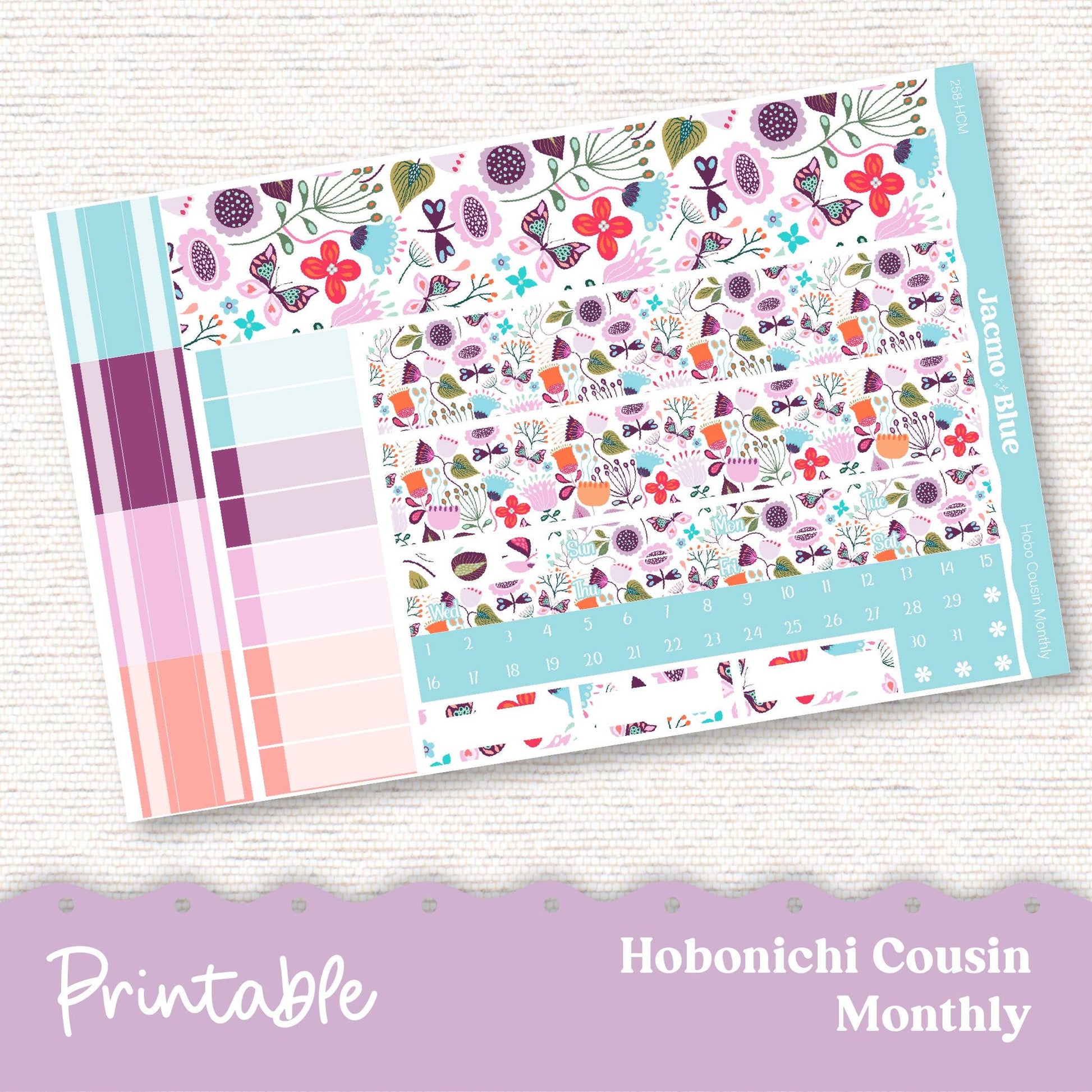 258P PRINTABLE Monthly Planner Stickers for Hobonichi Cousin A5 - Print and Cut Silhouette and Cricut - Lavender Doodle