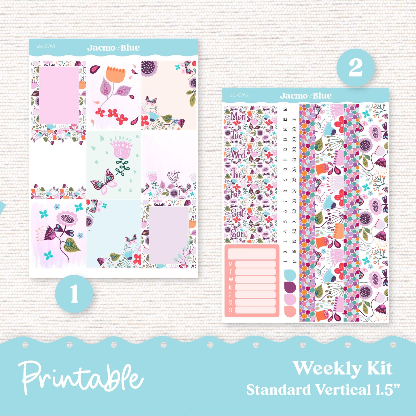 258P PRINTABLE Weekly Sticker Kit Vertical Planner Stickers Erin Condren - Silhouette Cricut Summer Weekly Stickers 1.5" columns Lavender